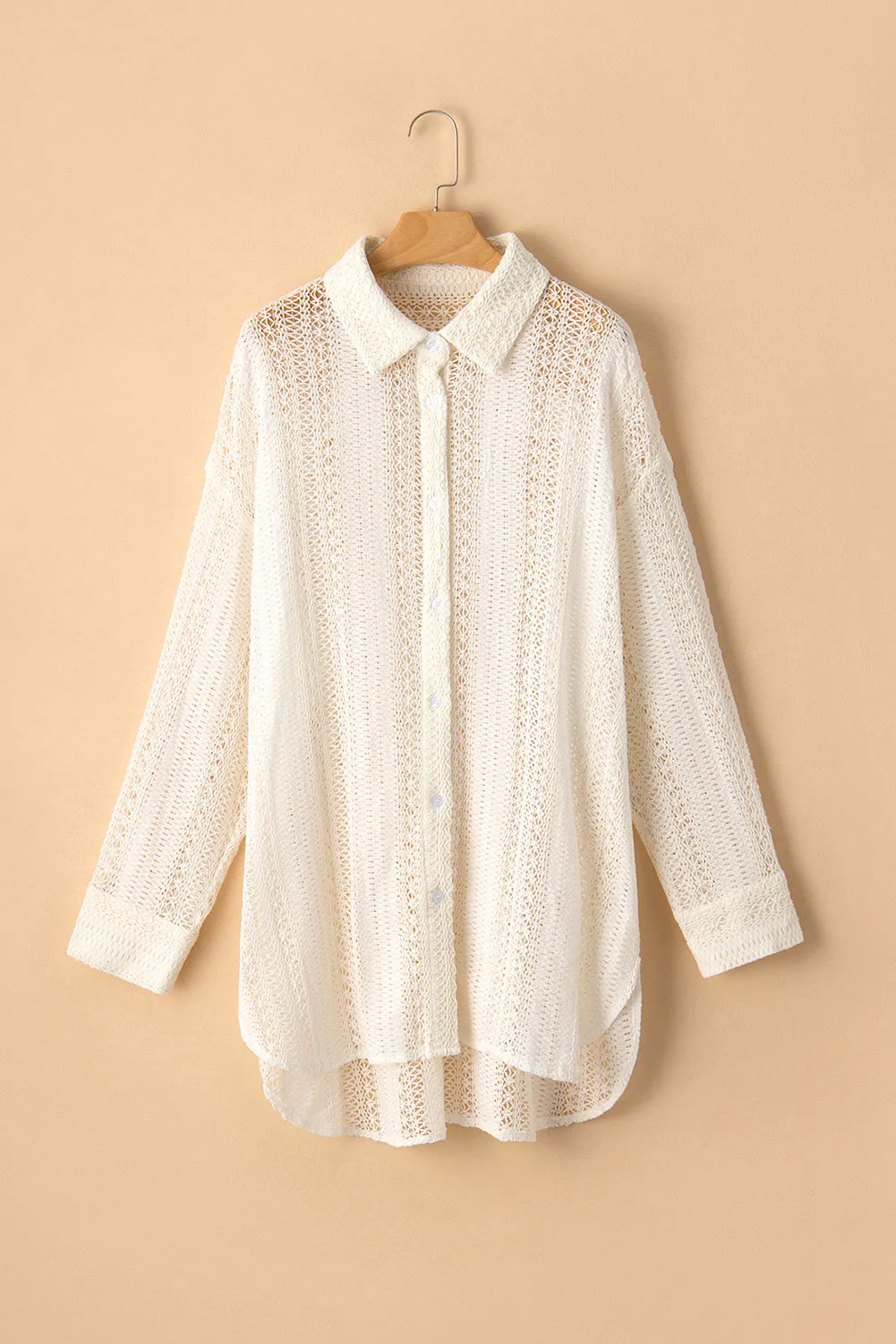 Beige Lace Crochet Collared Tunic Oversized Shirt