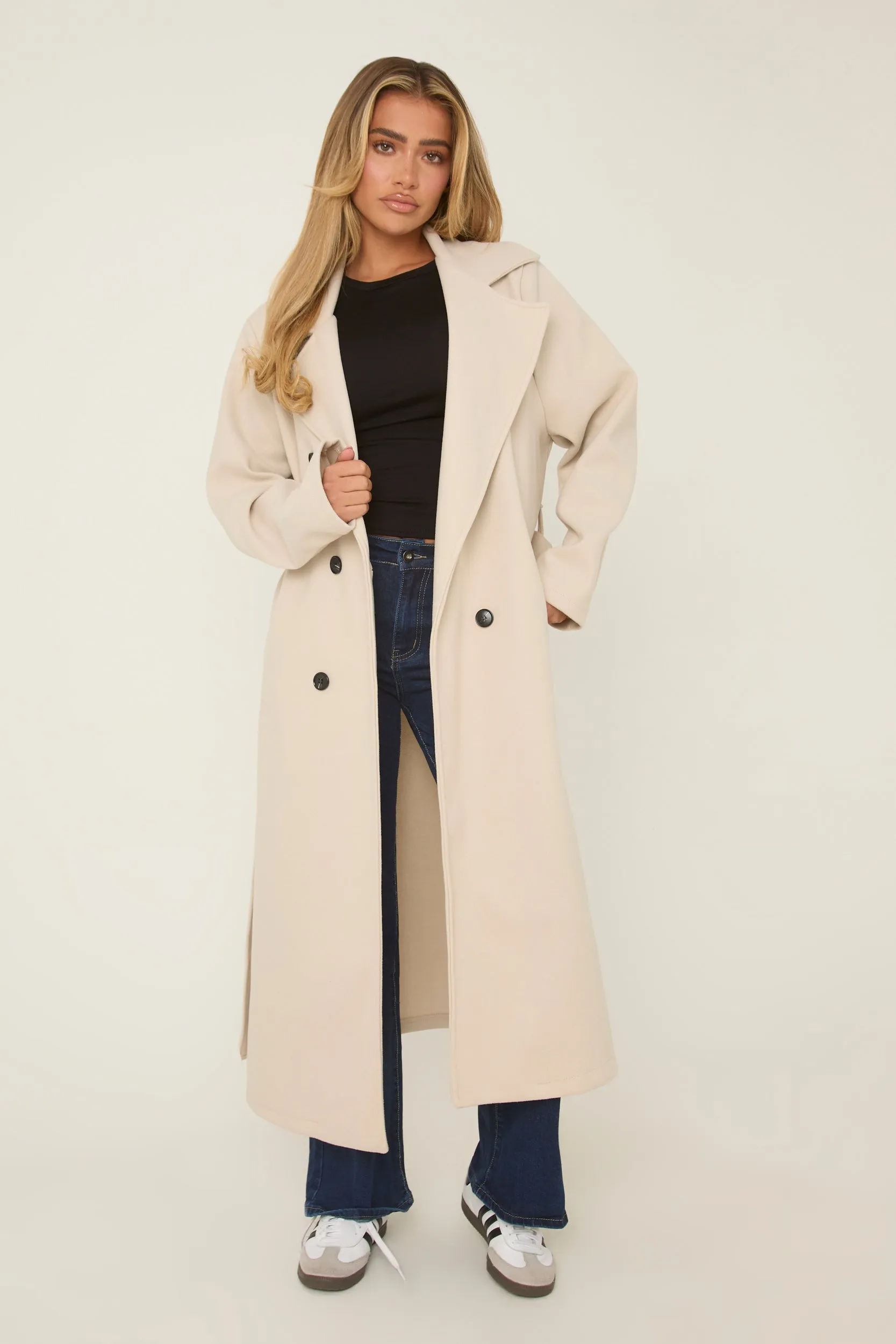 Beige Oversized Double Breasted Wool Look Coat - Eloise