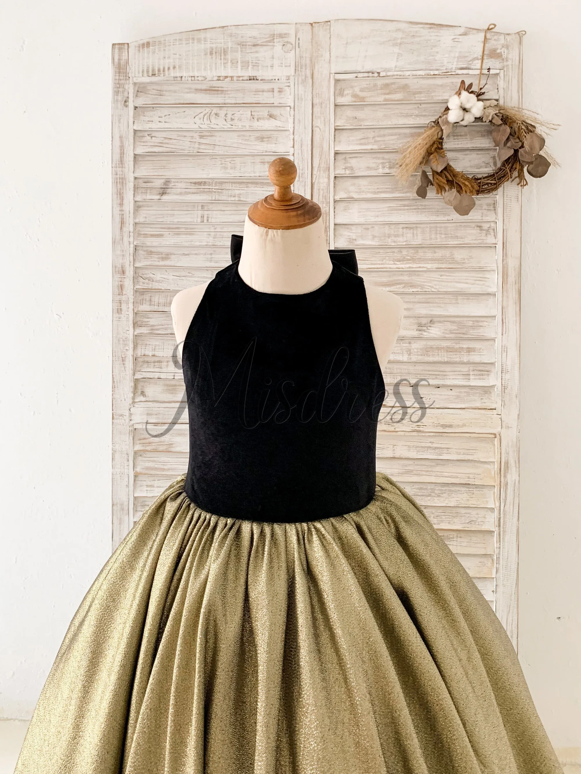 Black Velvet Gold Jacquard Keyhole Back Wedding Party Flower Girl Dress