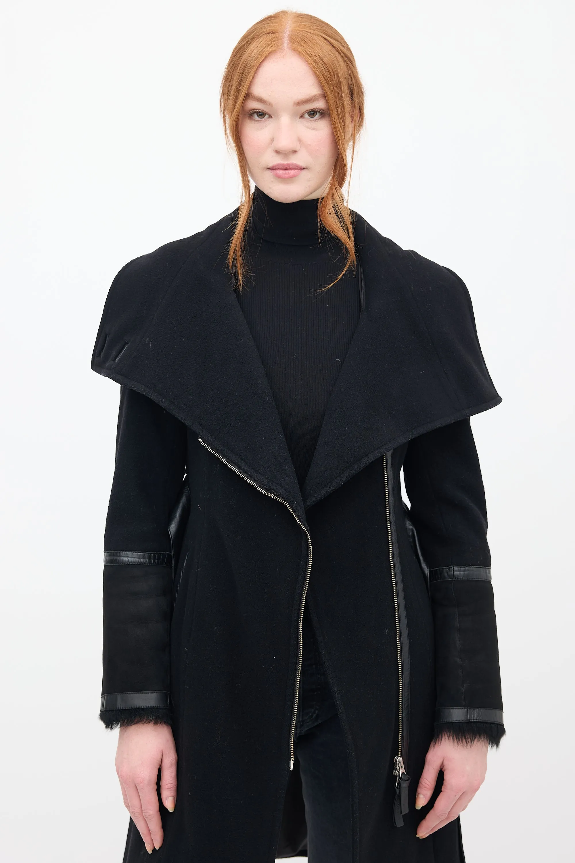 Black Wool & Shearling Belted Coat