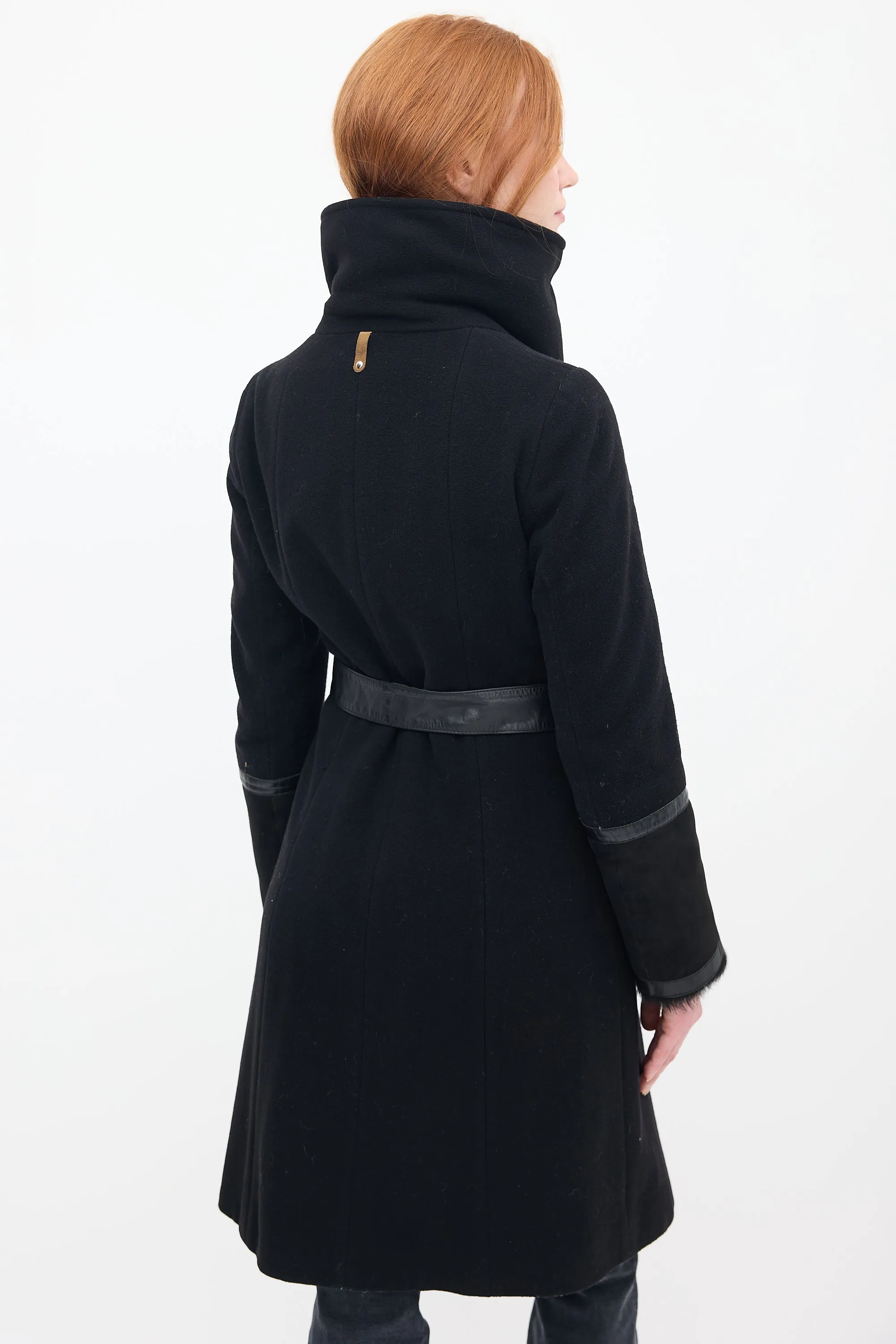 Black Wool & Shearling Belted Coat