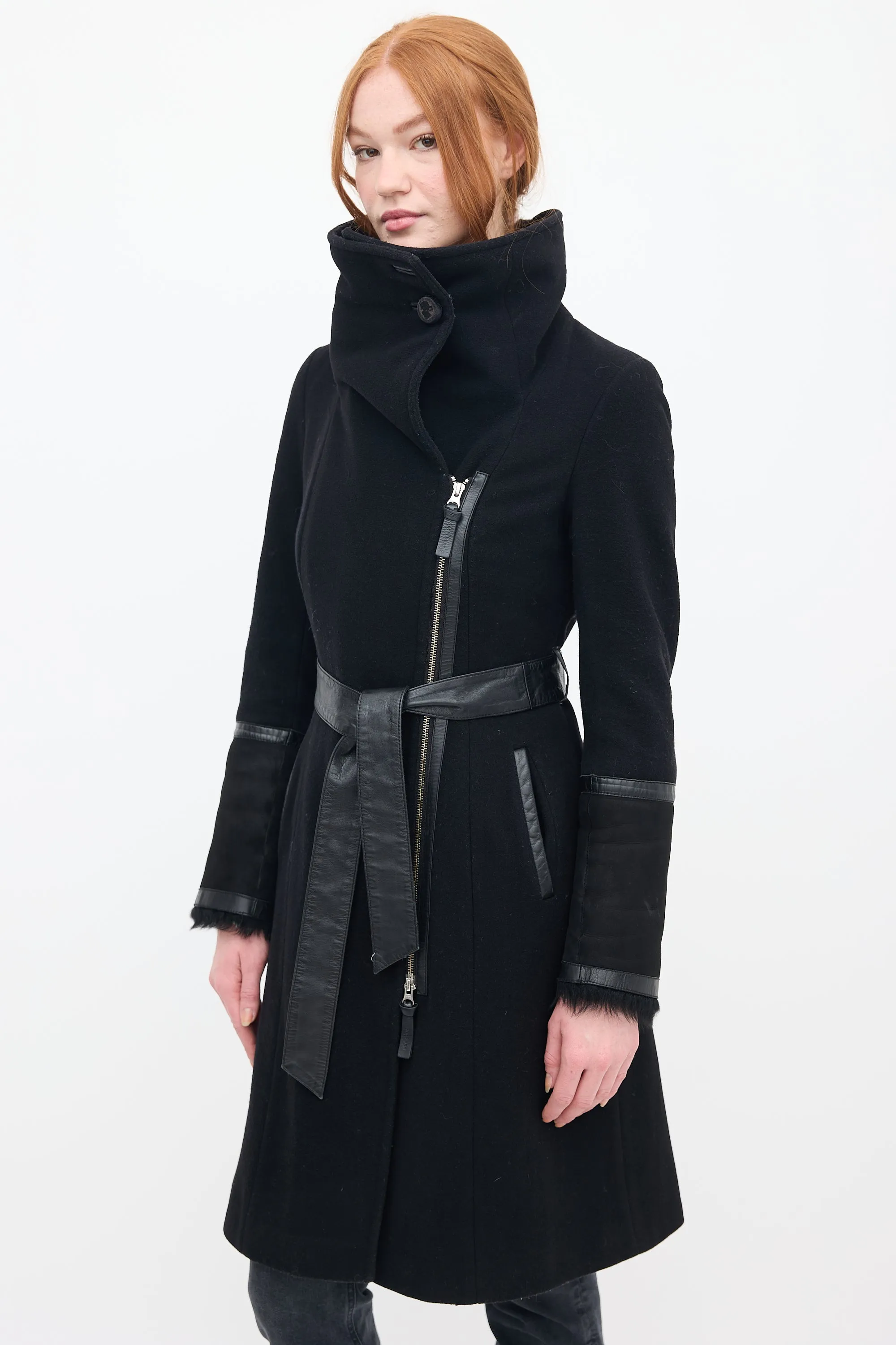 Black Wool & Shearling Belted Coat