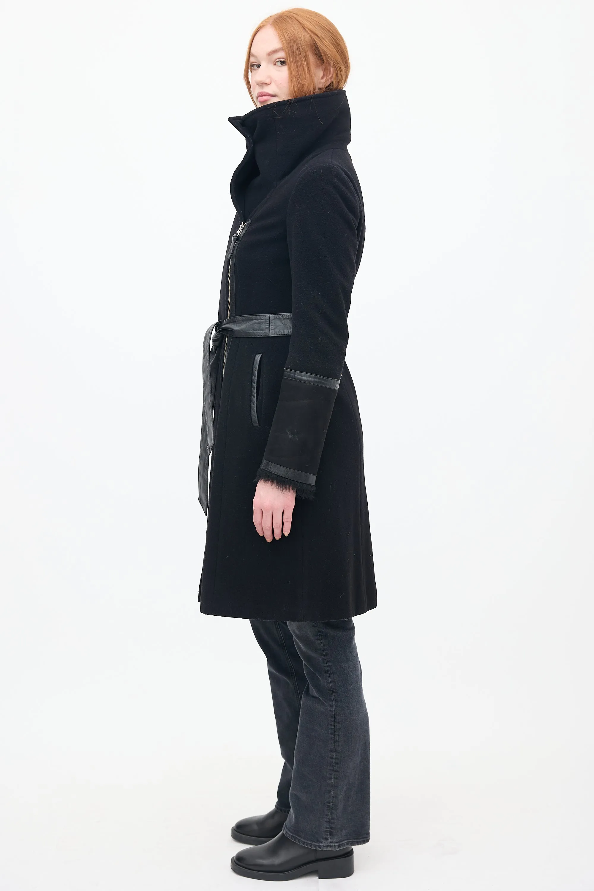 Black Wool & Shearling Belted Coat