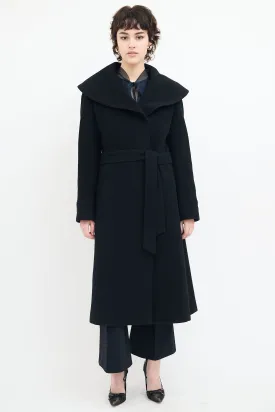 Black Wool Wide Collar Belted Coat