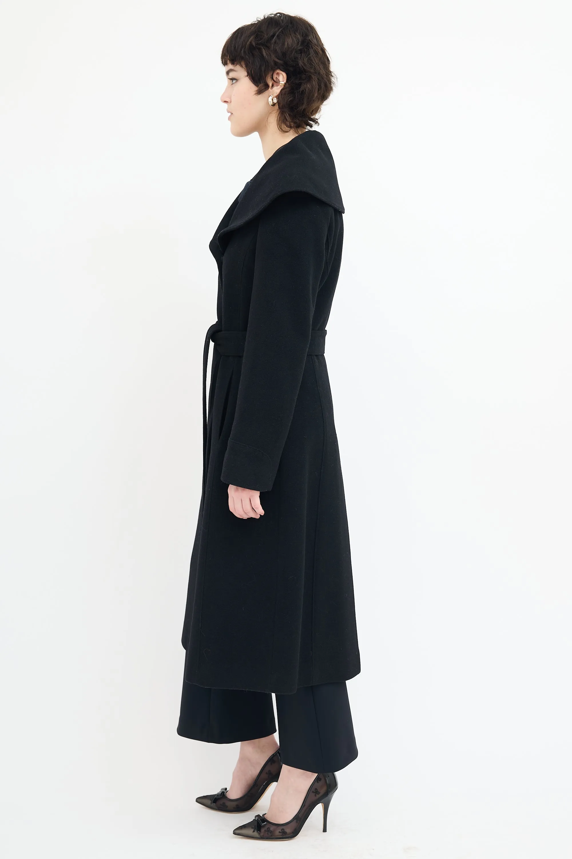 Black Wool Wide Collar Belted Coat