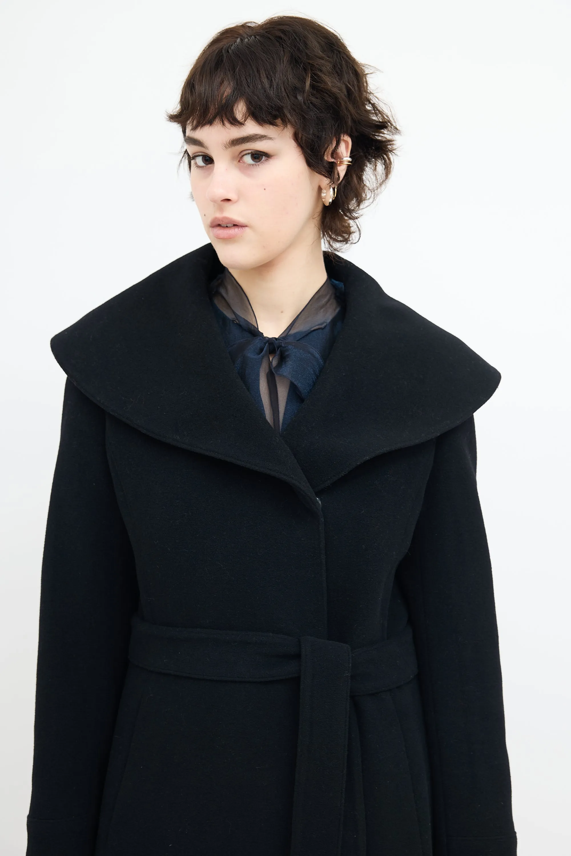 Black Wool Wide Collar Belted Coat