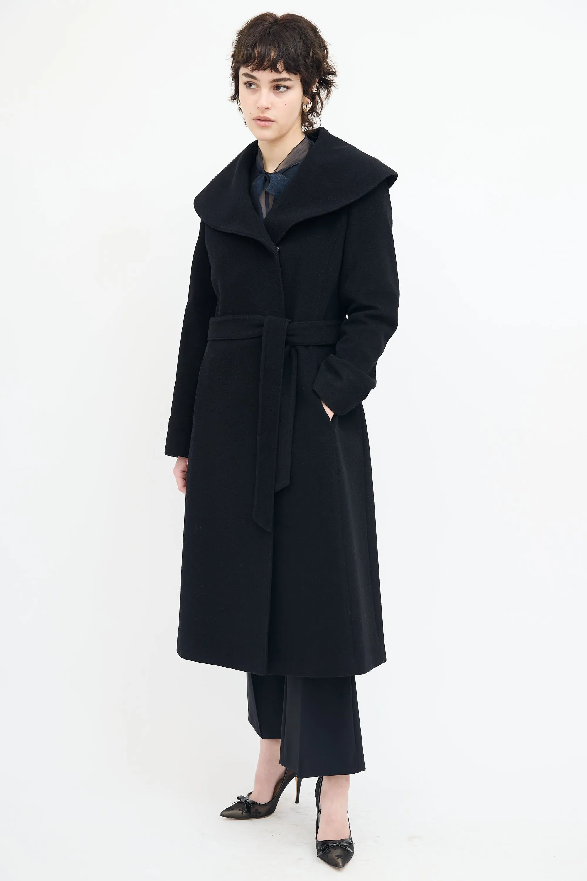 Black Wool Wide Collar Belted Coat