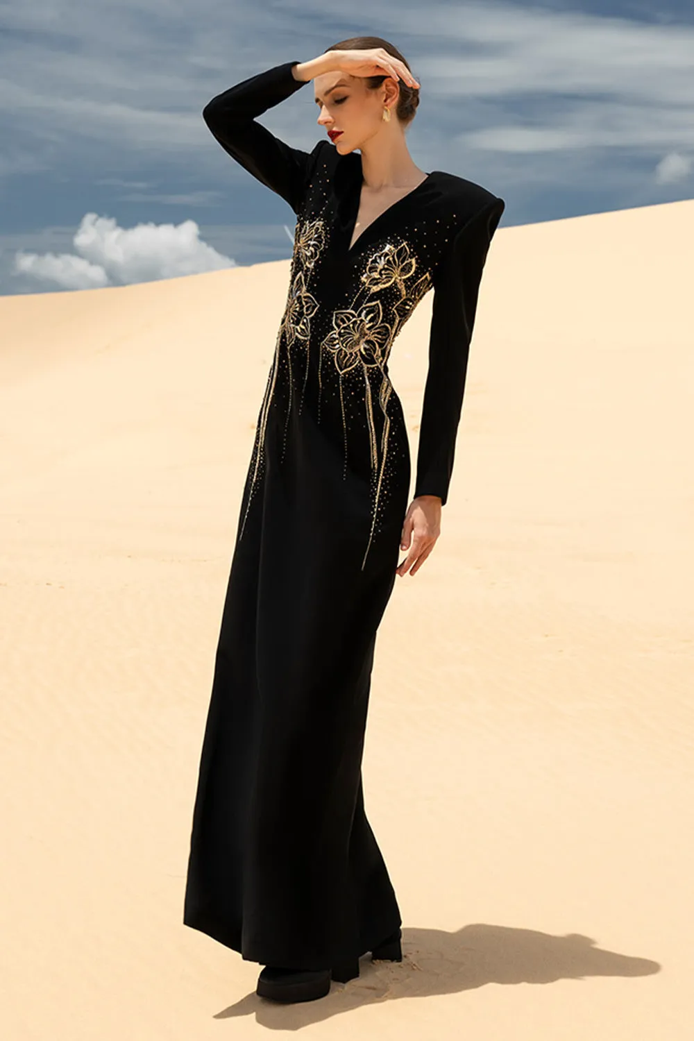 Carmela Sheath V-Neck Velvet Satin Maxi Dress