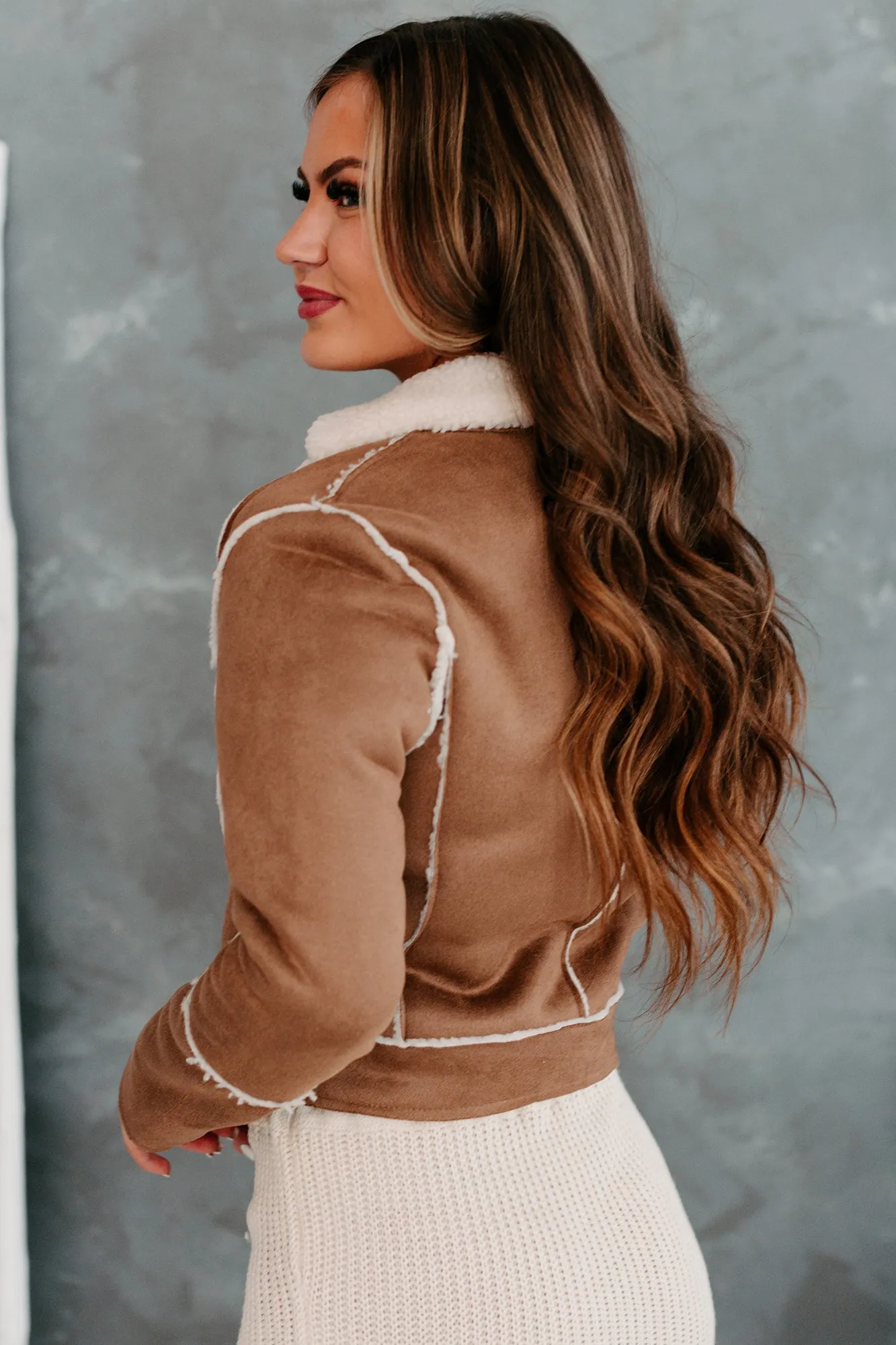 Caught In A Memory Sherpa Lined Faux Suede Jacket (Taupe)