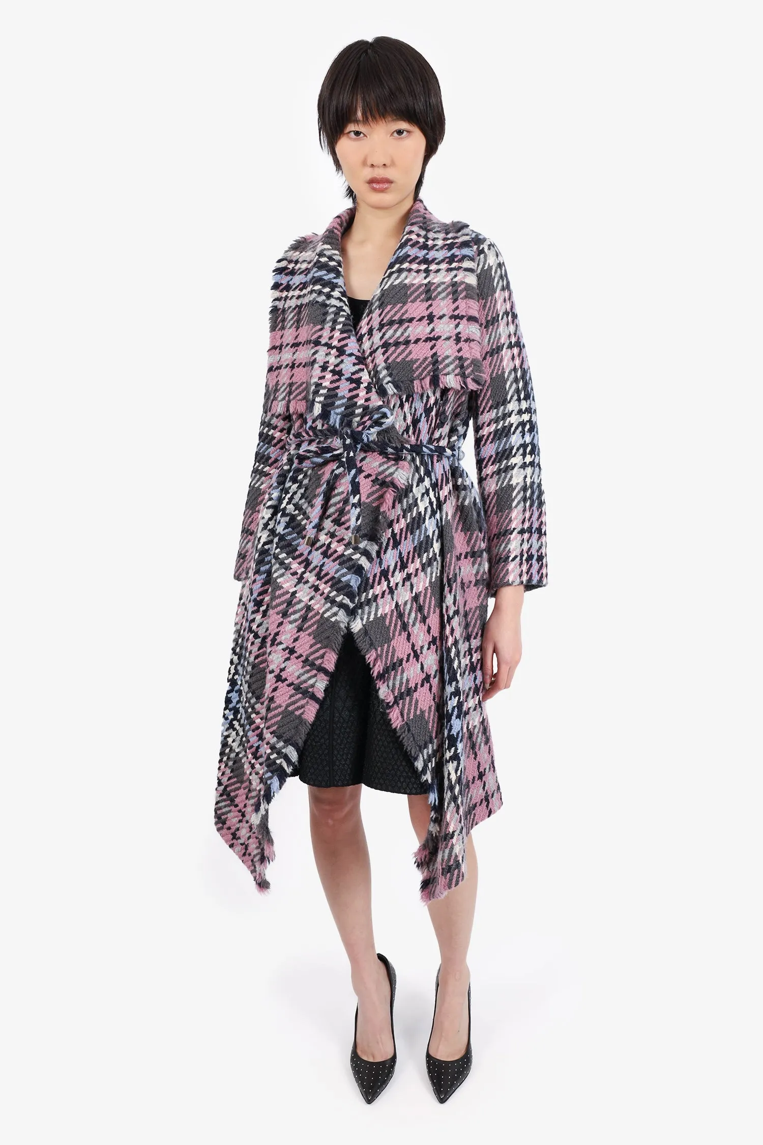 CH Carolina Herrera Pink/Black Wool Plaid Belted Coat Size XS