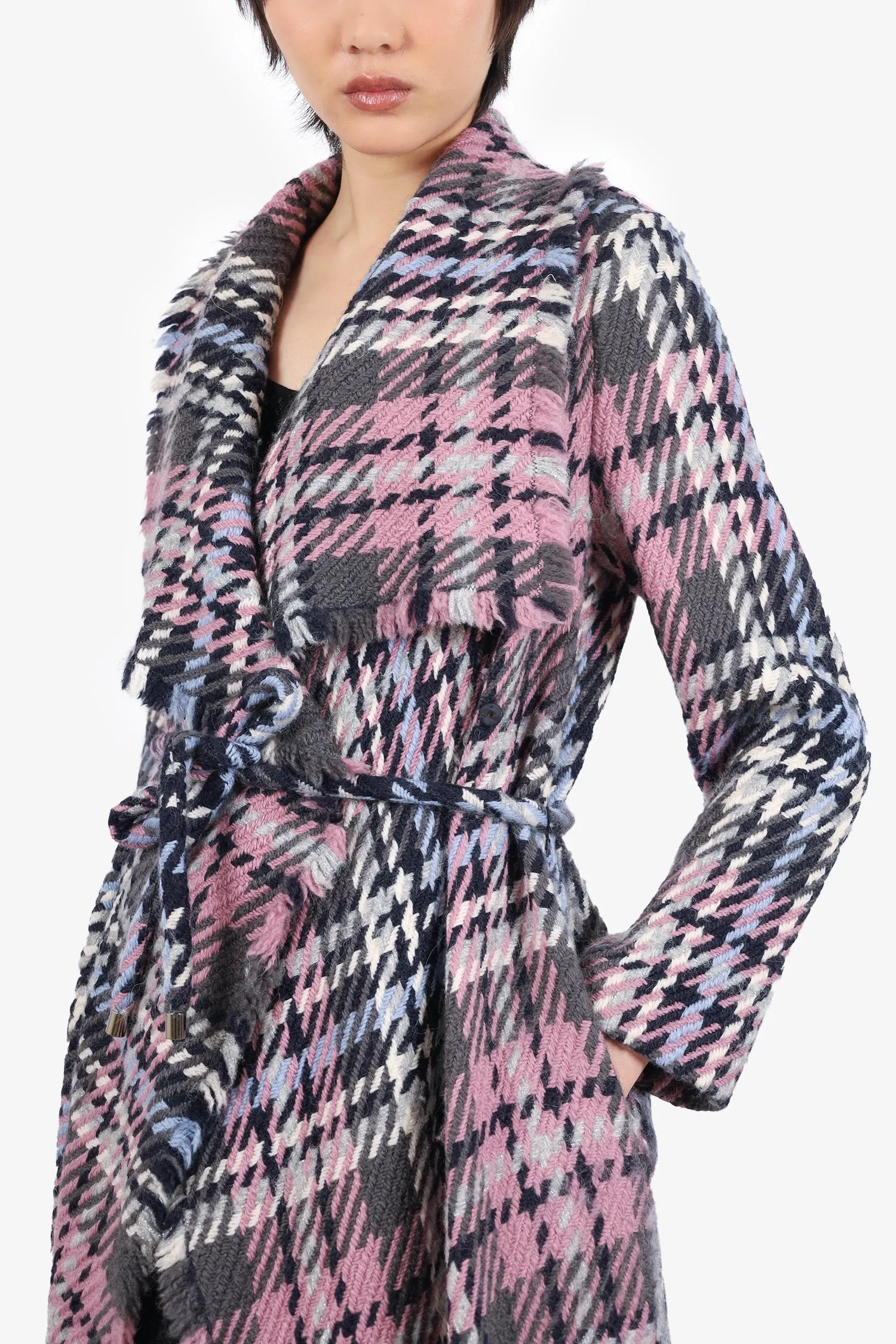 CH Carolina Herrera Pink/Black Wool Plaid Belted Coat Size XS