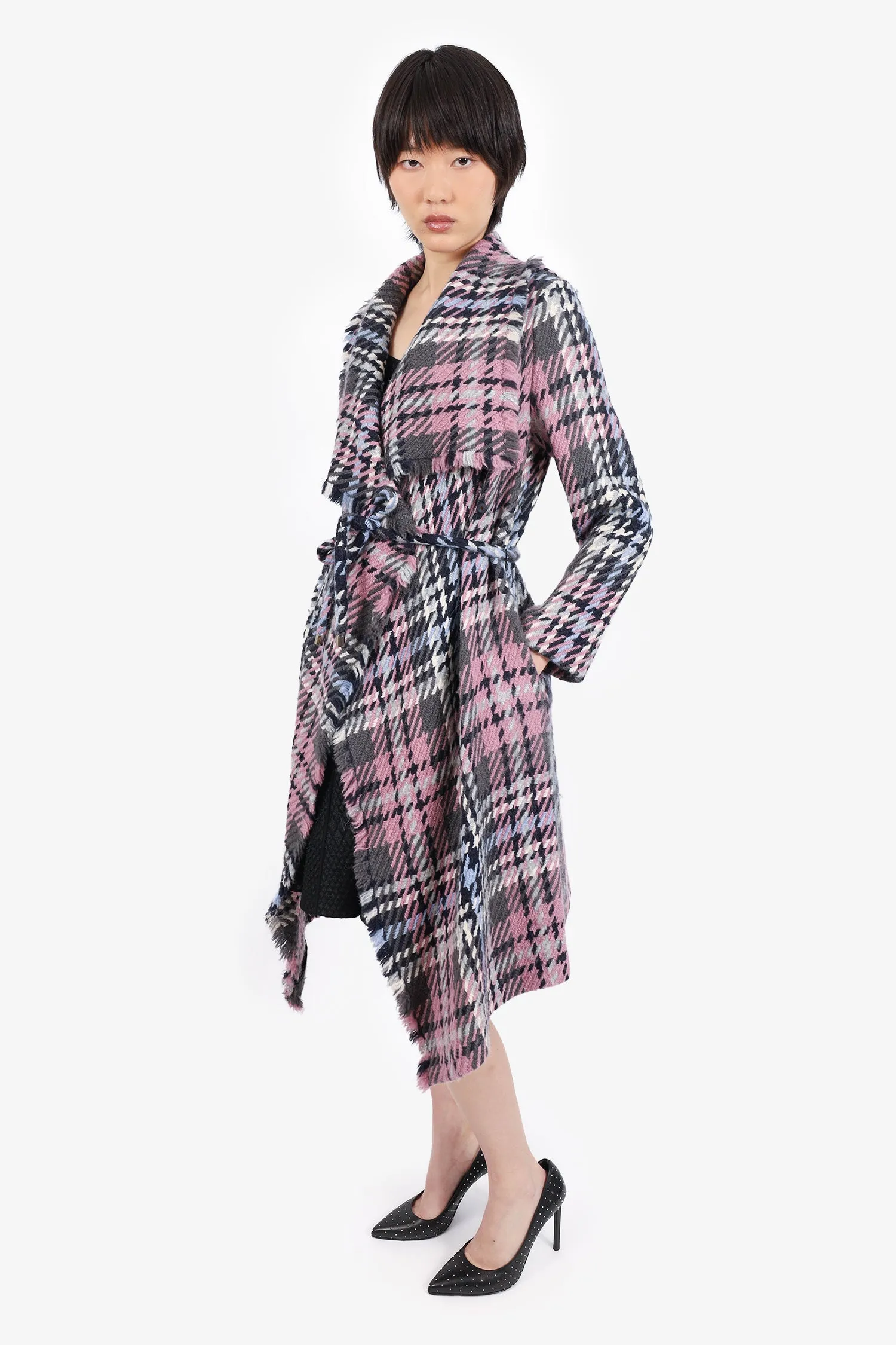 CH Carolina Herrera Pink/Black Wool Plaid Belted Coat Size XS