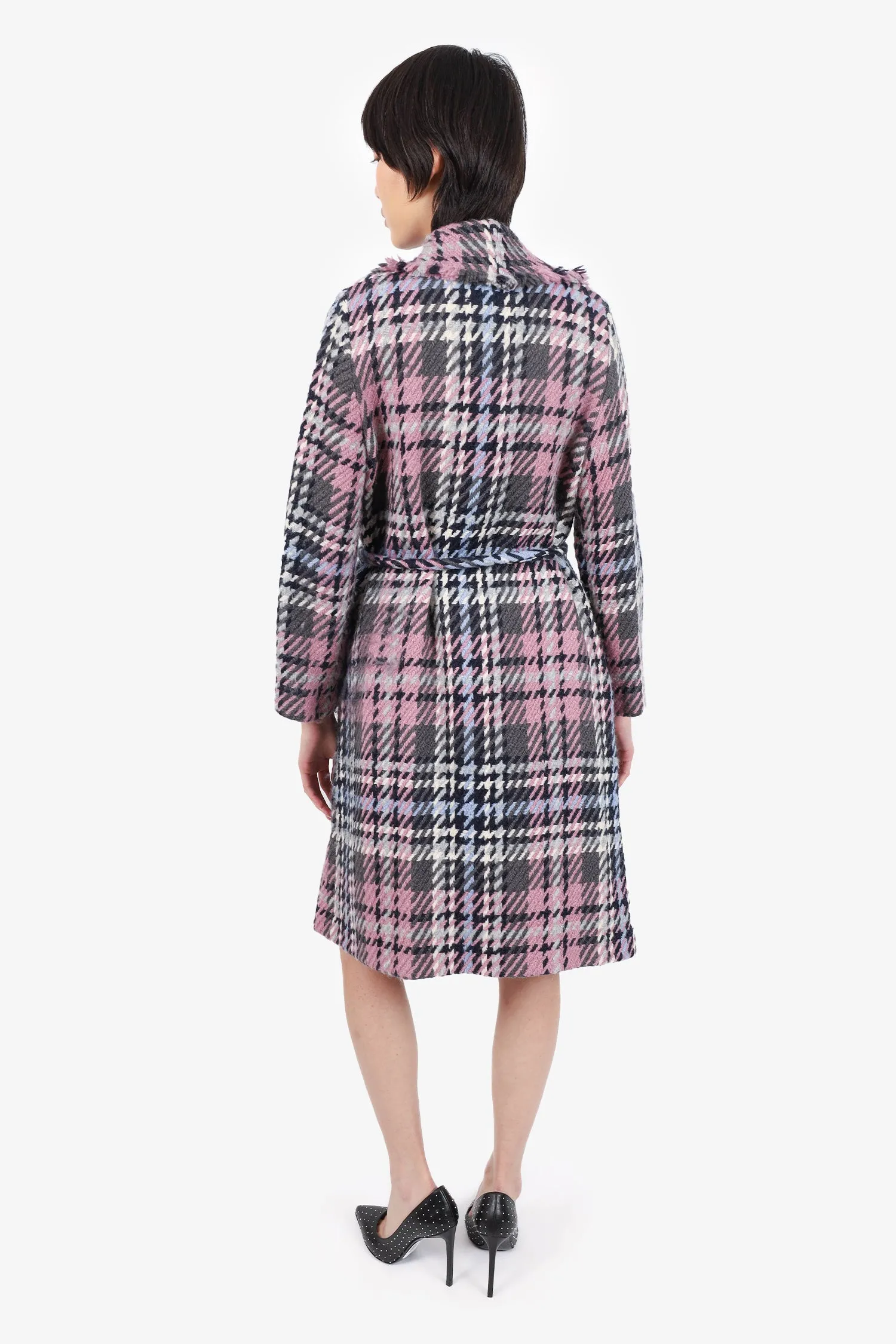 CH Carolina Herrera Pink/Black Wool Plaid Belted Coat Size XS