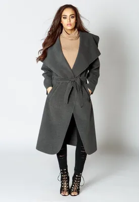 Charcoal Waterfall Collar Belted Duster Coat