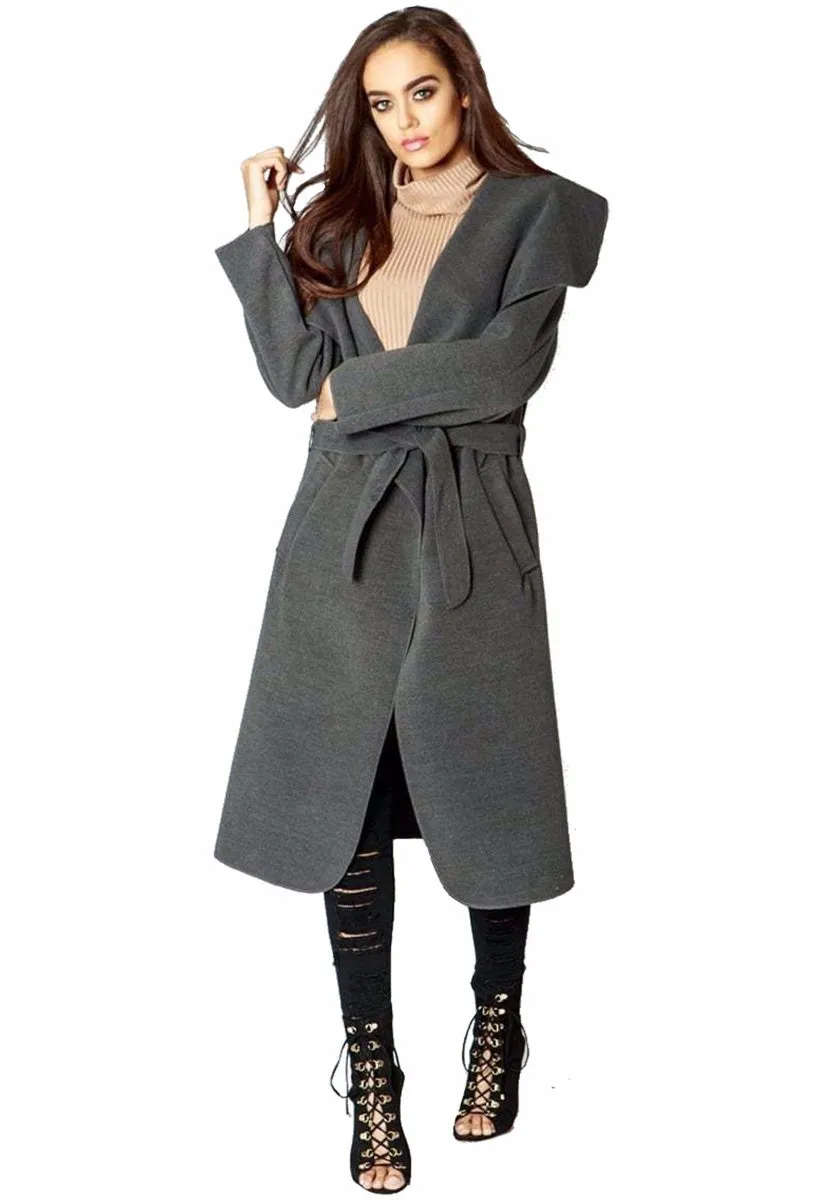 Charcoal Waterfall Collar Belted Duster Coat