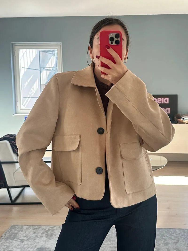 Classic Buttoned Faux Suede Crop Jacket