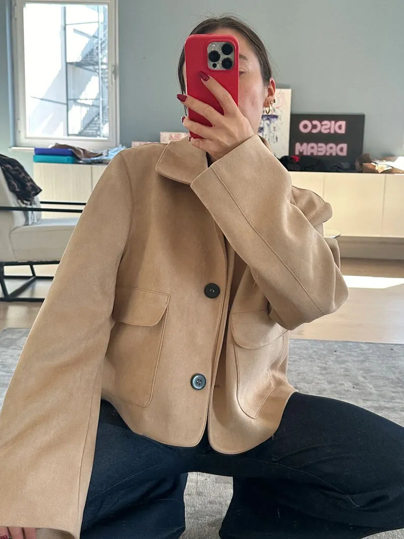 Classic Buttoned Faux Suede Crop Jacket