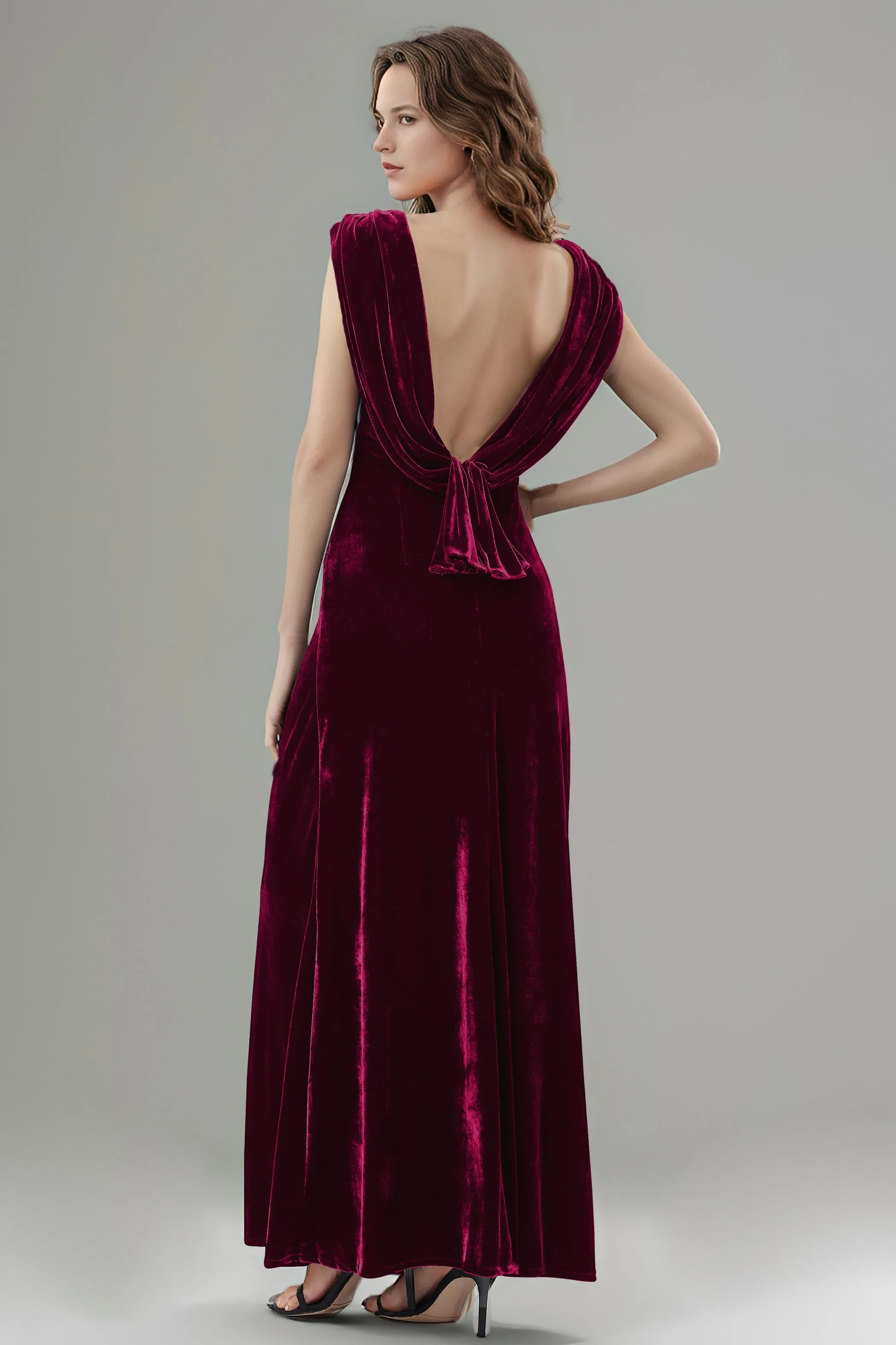 Column High Waist V-Neck Velvet Floor Length Bridesmaid Dresses