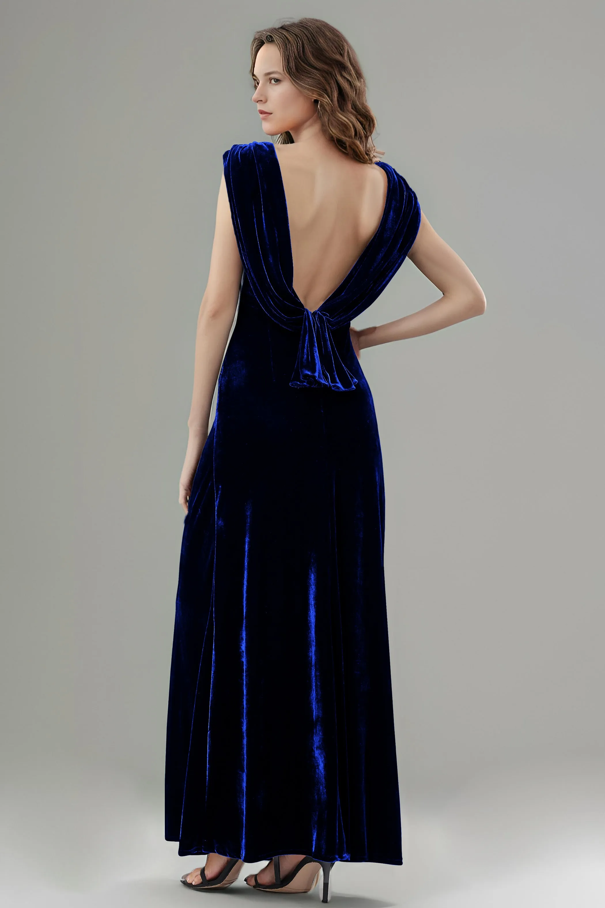 Column High Waist V-Neck Velvet Floor Length Bridesmaid Dresses