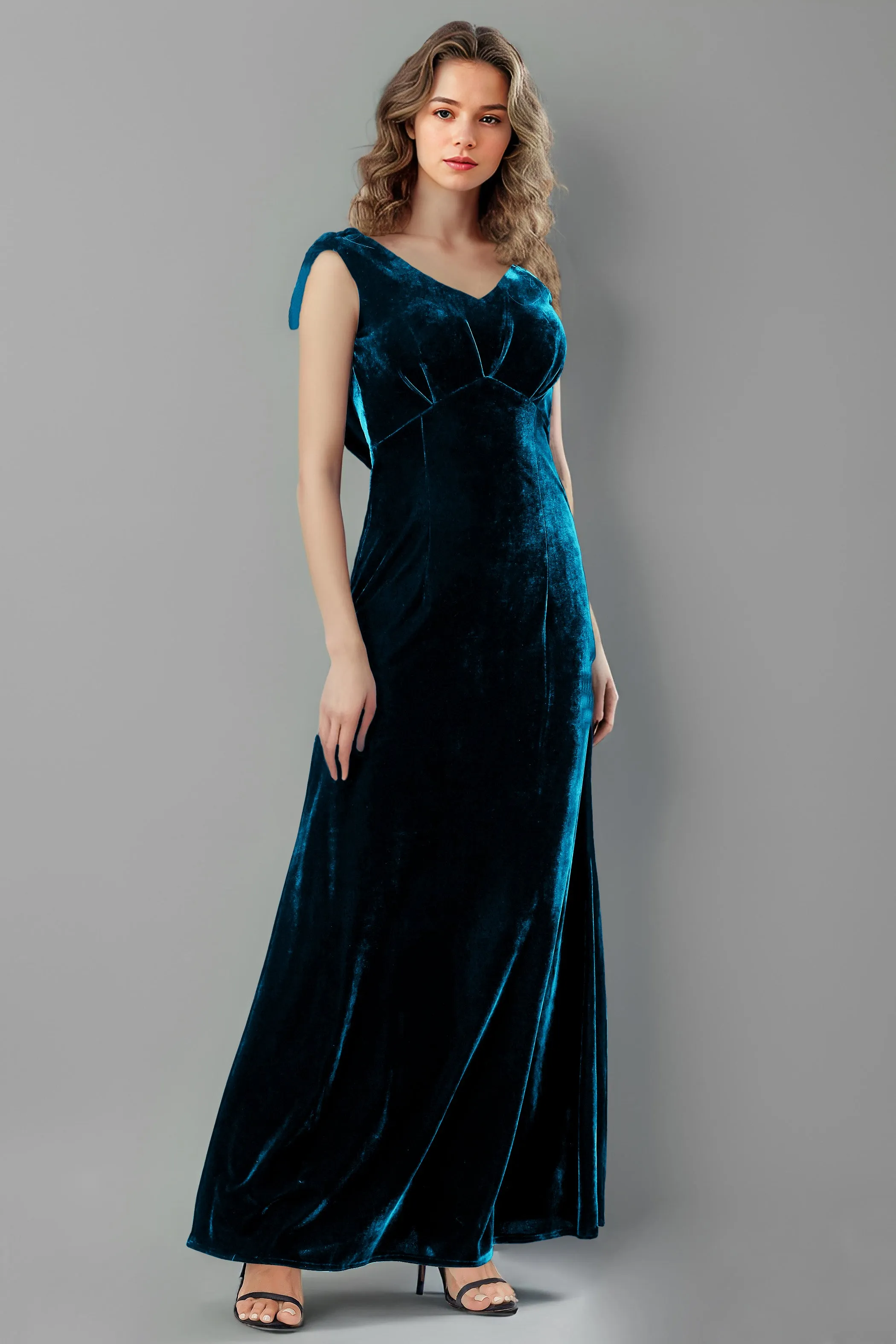 Column High Waist V-Neck Velvet Floor Length Bridesmaid Dresses