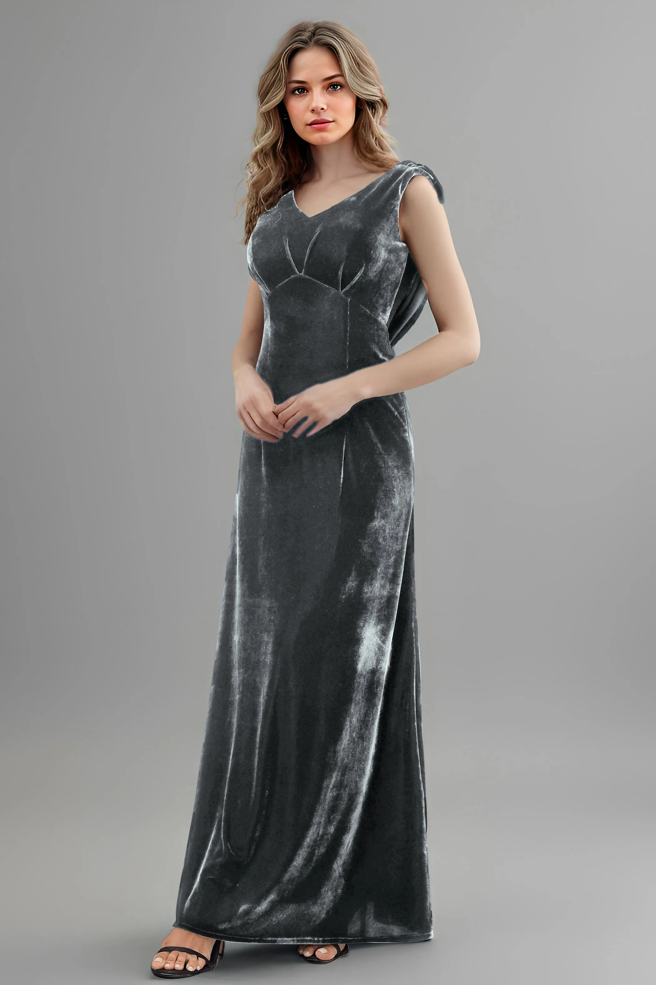 Column High Waist V-Neck Velvet Floor Length Bridesmaid Dresses