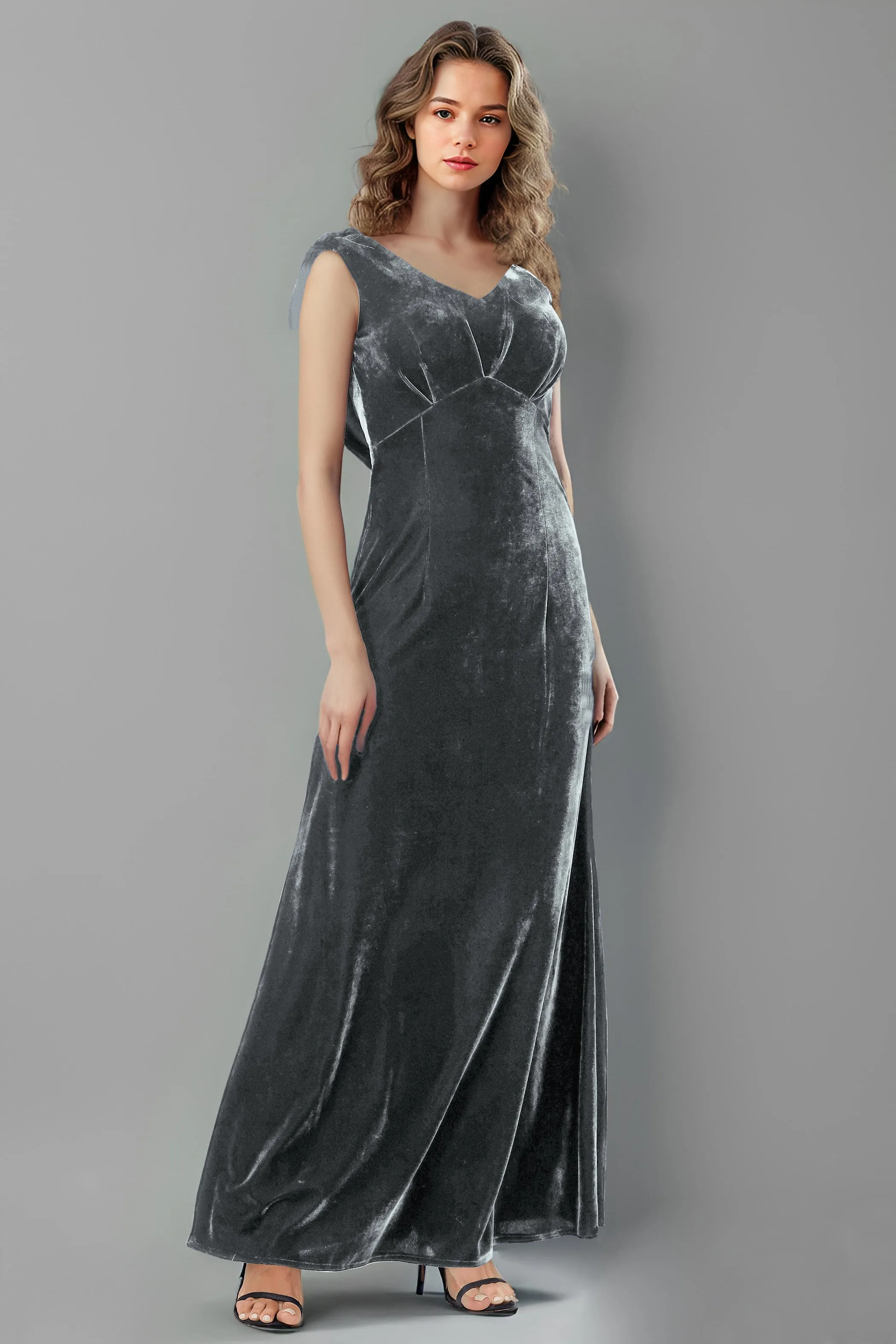 Column High Waist V-Neck Velvet Floor Length Bridesmaid Dresses