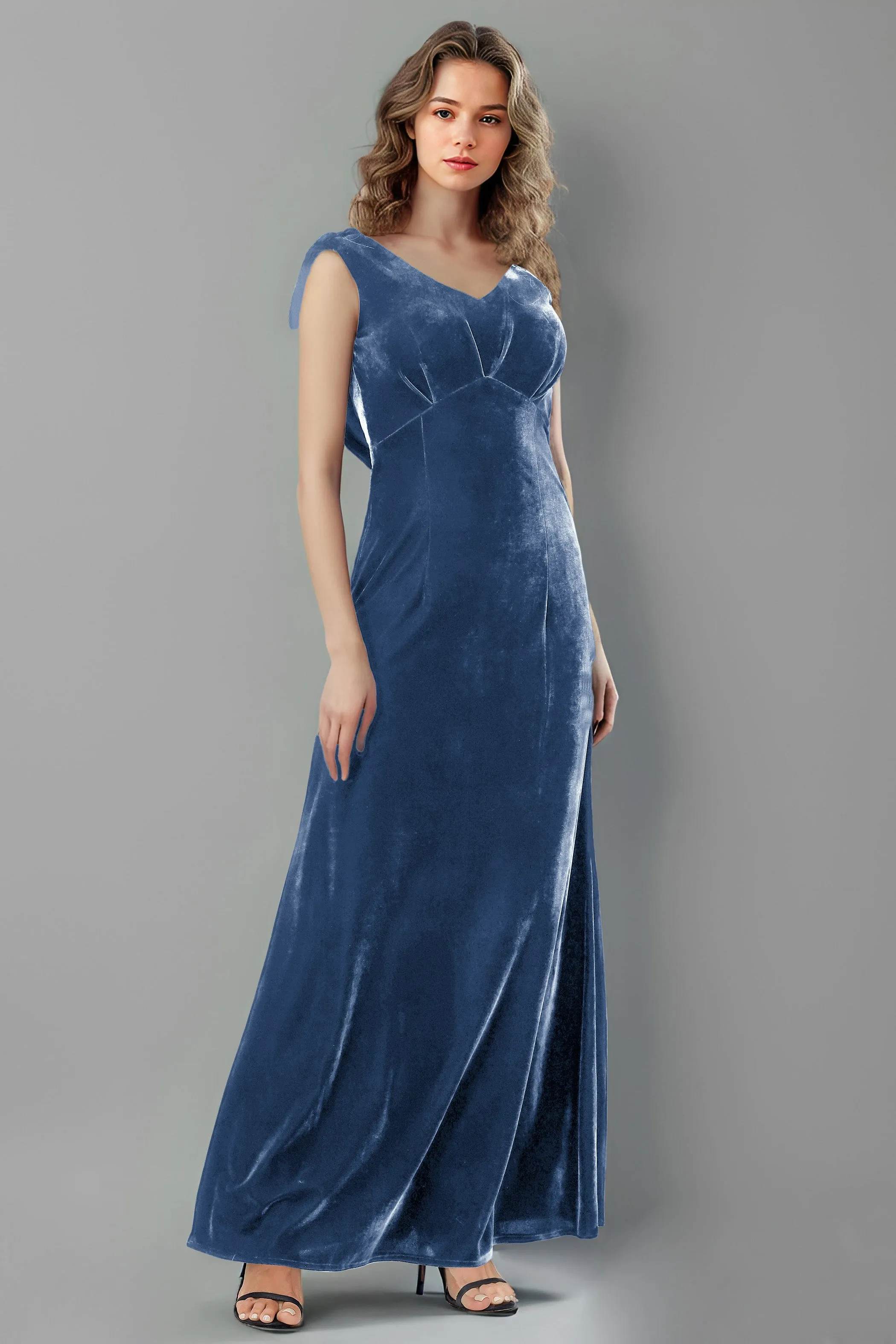 Column High Waist V-Neck Velvet Floor Length Bridesmaid Dresses