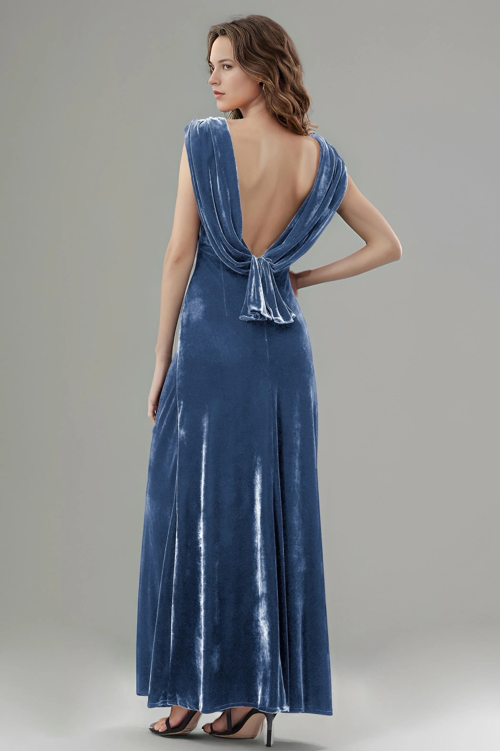 Column High Waist V-Neck Velvet Floor Length Bridesmaid Dresses