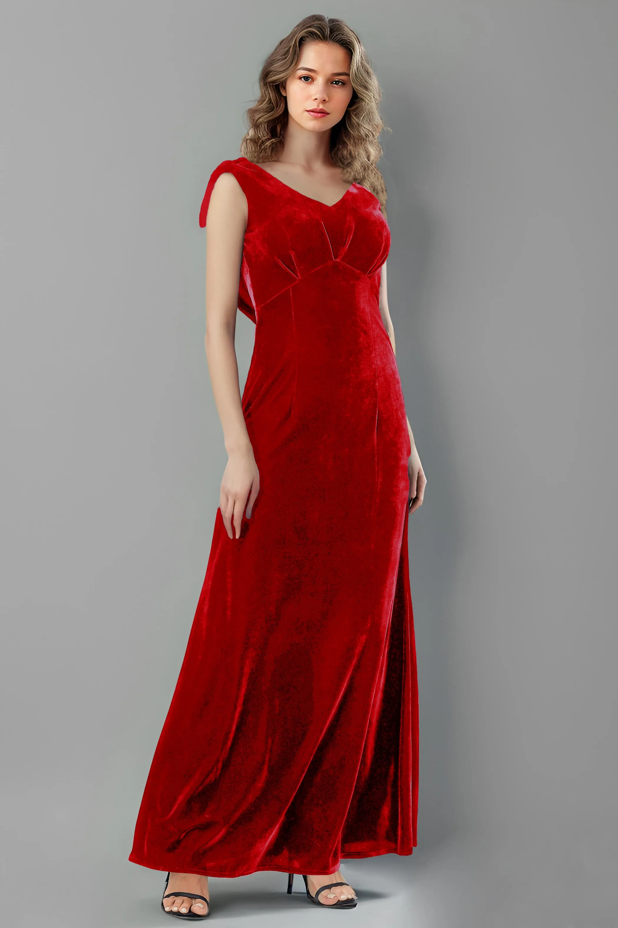 Column High Waist V-Neck Velvet Floor Length Bridesmaid Dresses