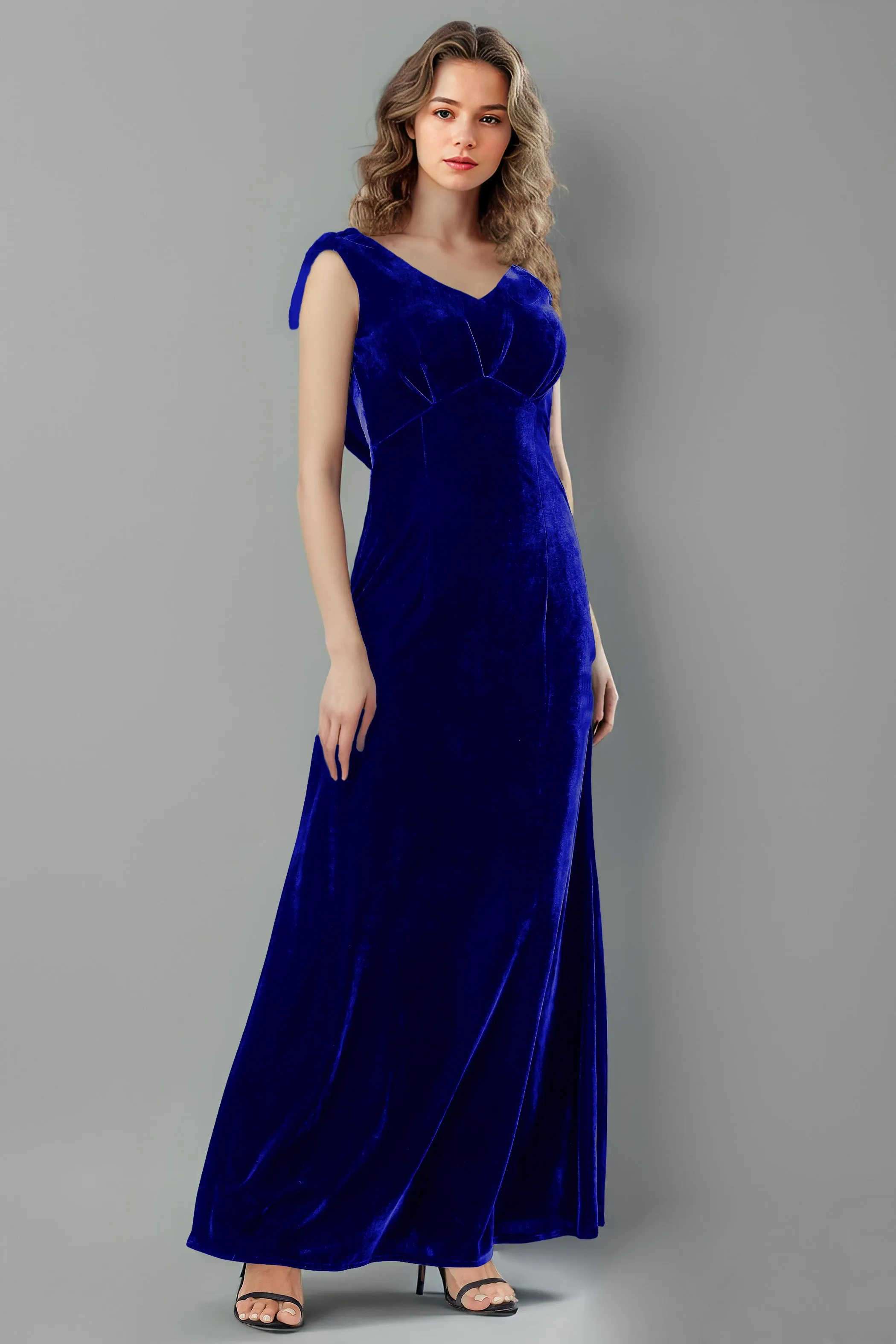 Column High Waist V-Neck Velvet Floor Length Bridesmaid Dresses