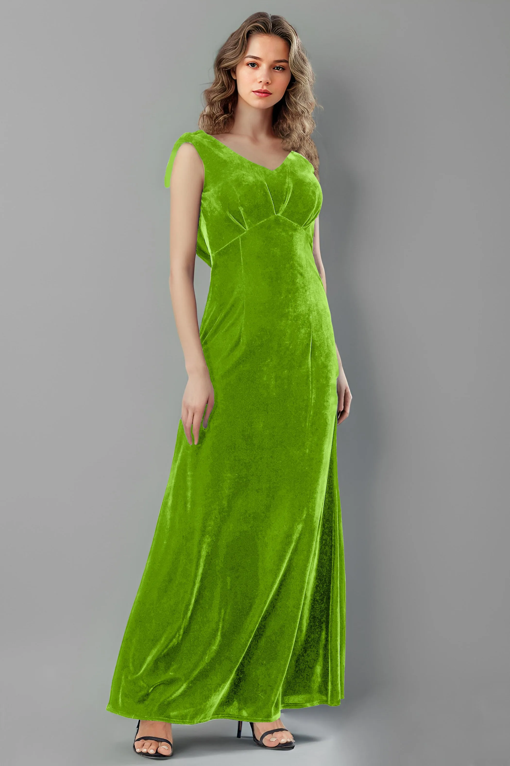 Column High Waist V-Neck Velvet Floor Length Bridesmaid Dresses