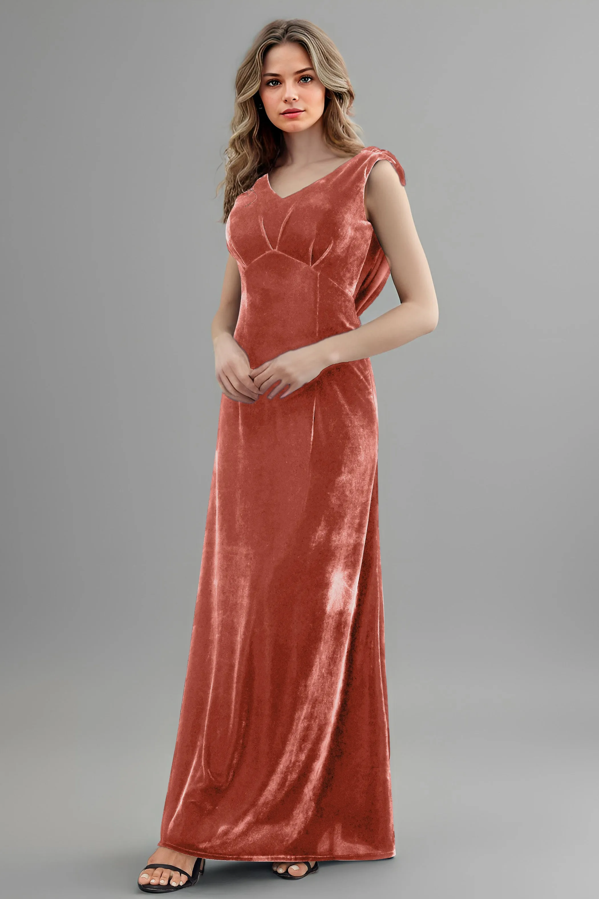 Column High Waist V-Neck Velvet Floor Length Bridesmaid Dresses