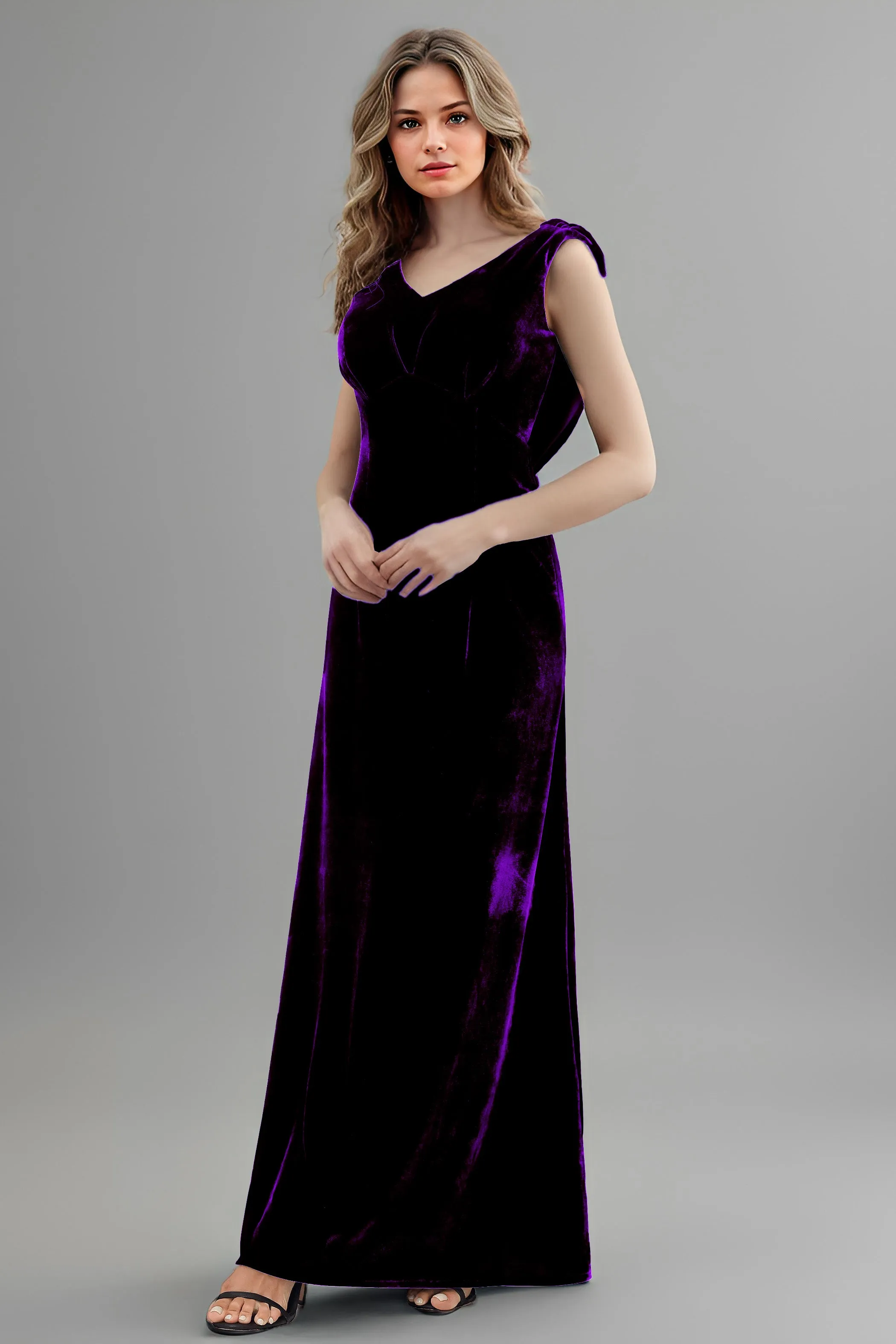 Column High Waist V-Neck Velvet Floor Length Bridesmaid Dresses