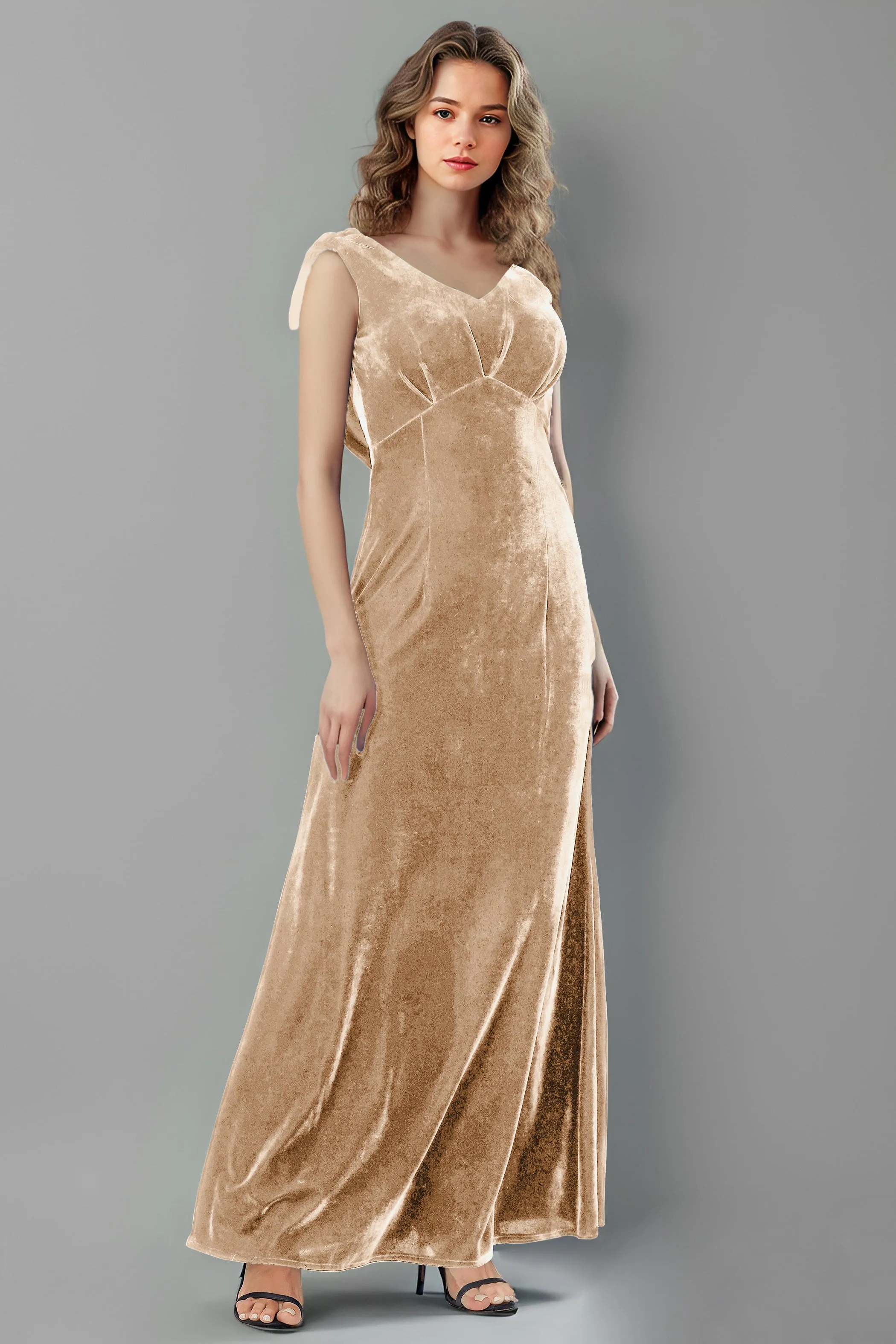 Column High Waist V-Neck Velvet Floor Length Bridesmaid Dresses