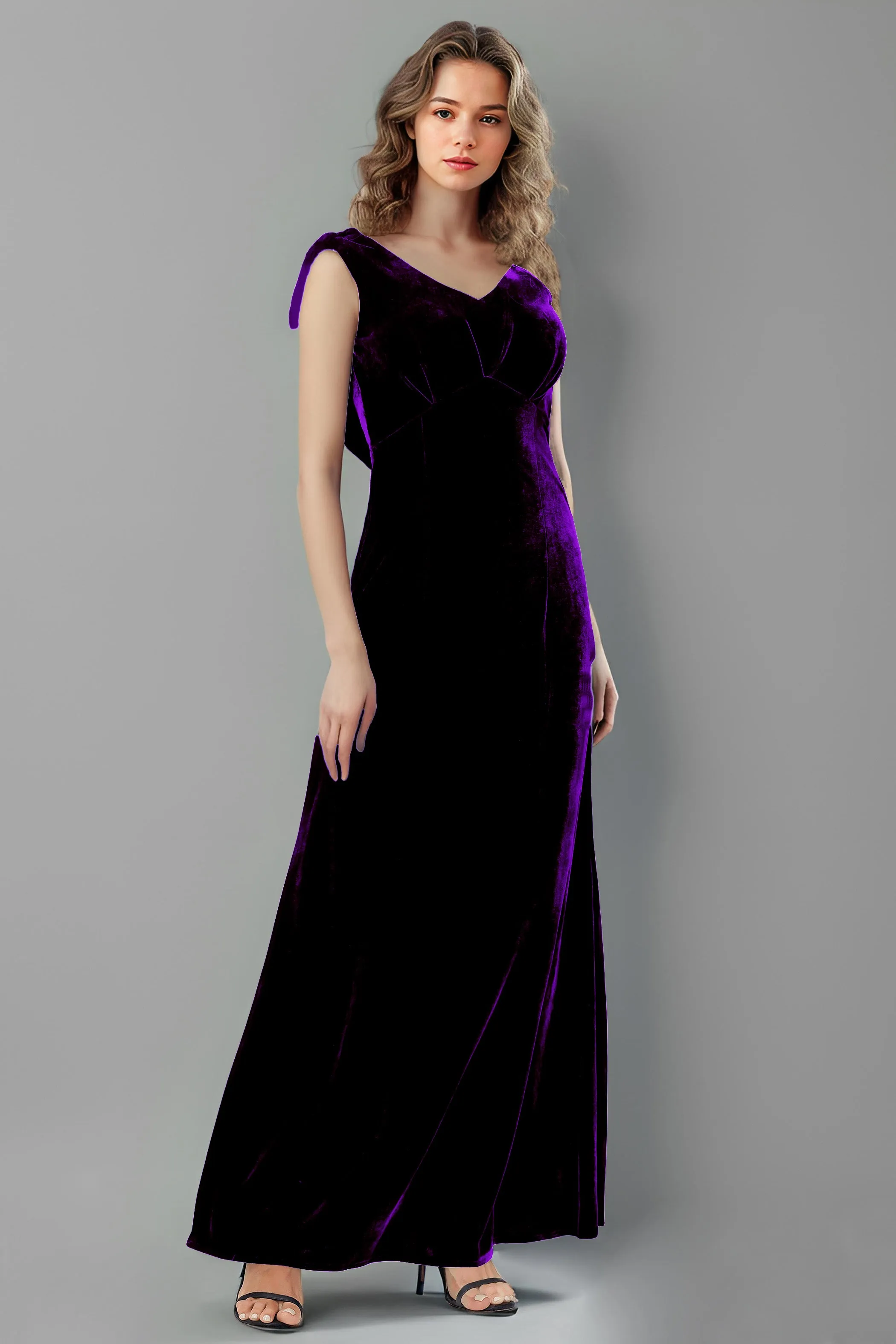 Column High Waist V-Neck Velvet Floor Length Bridesmaid Dresses