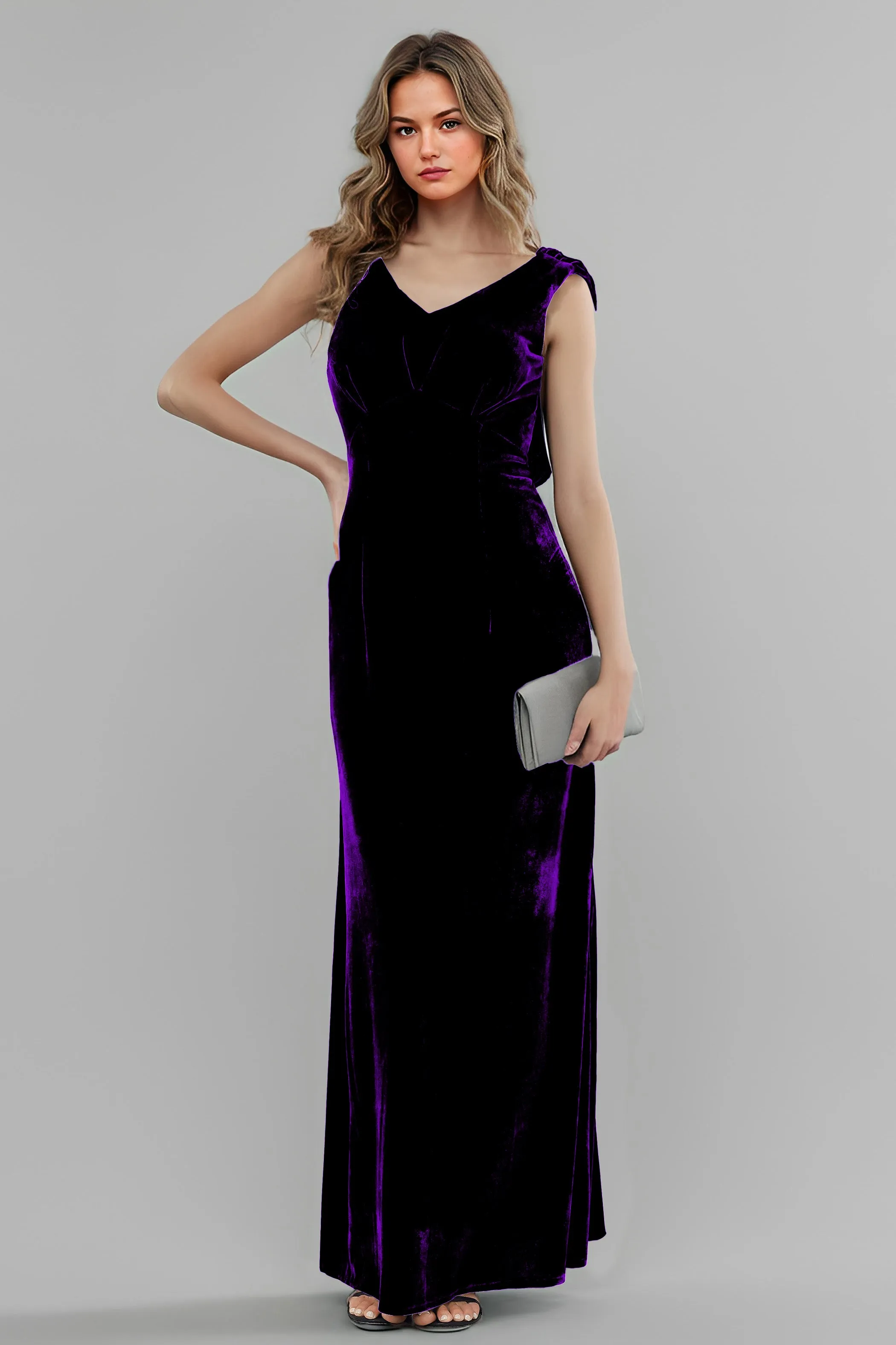 Column High Waist V-Neck Velvet Floor Length Bridesmaid Dresses