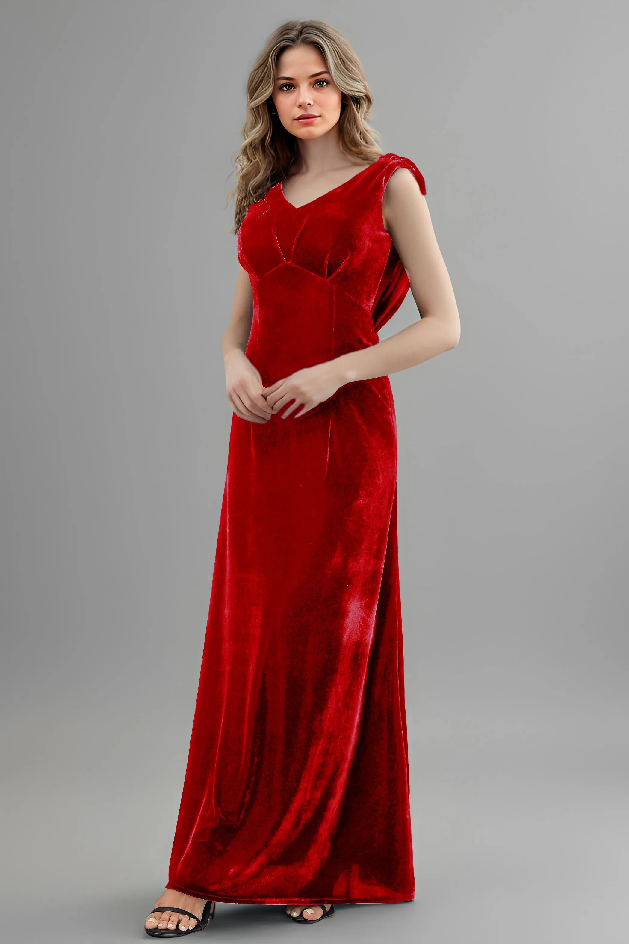 Column High Waist V-Neck Velvet Floor Length Bridesmaid Dresses