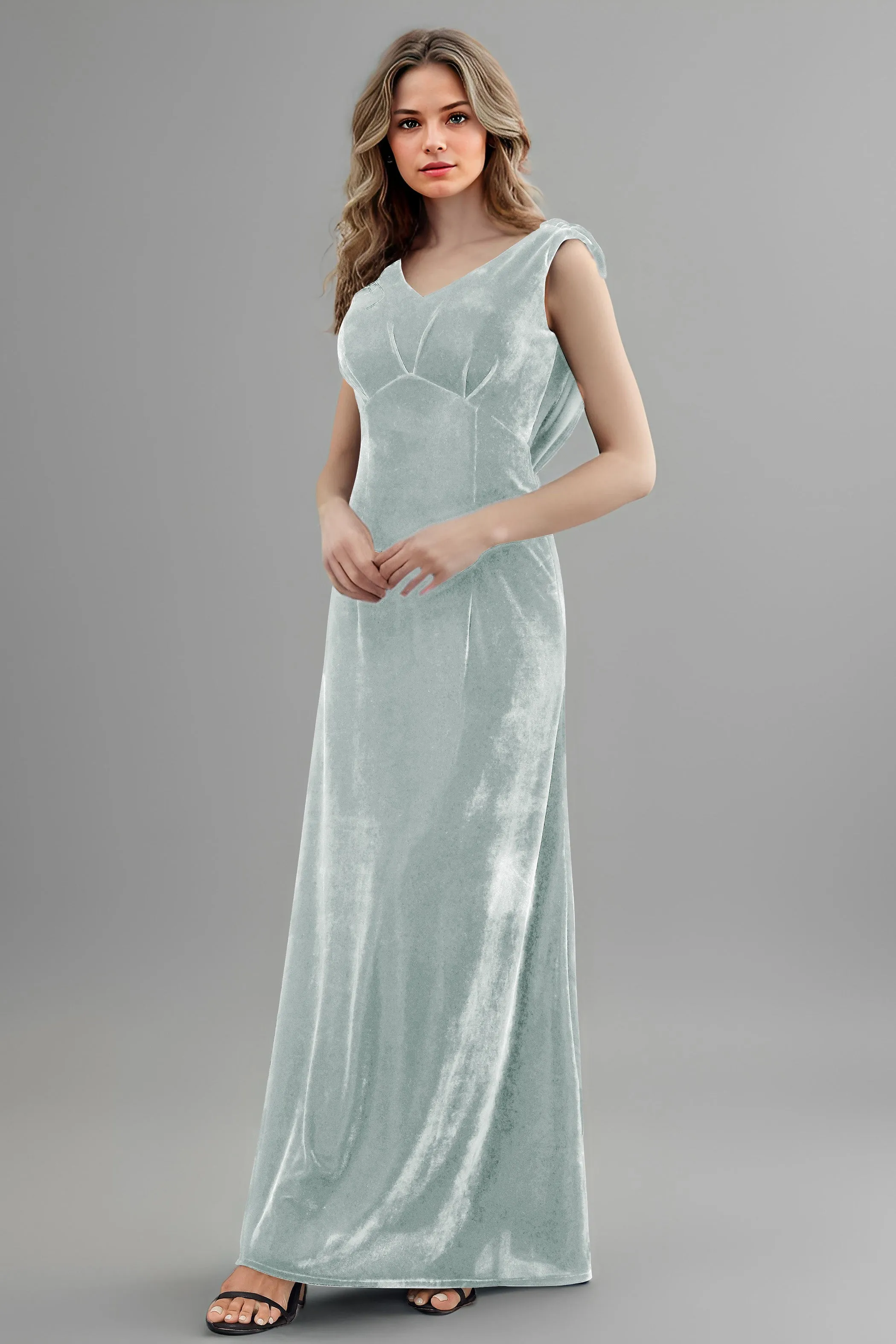 Column High Waist V-Neck Velvet Floor Length Bridesmaid Dresses