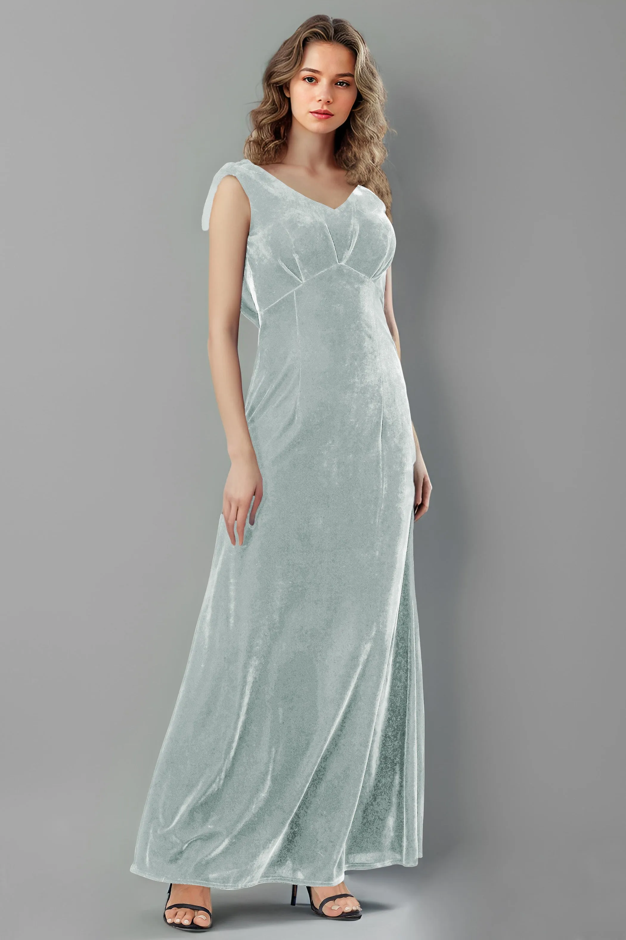 Column High Waist V-Neck Velvet Floor Length Bridesmaid Dresses