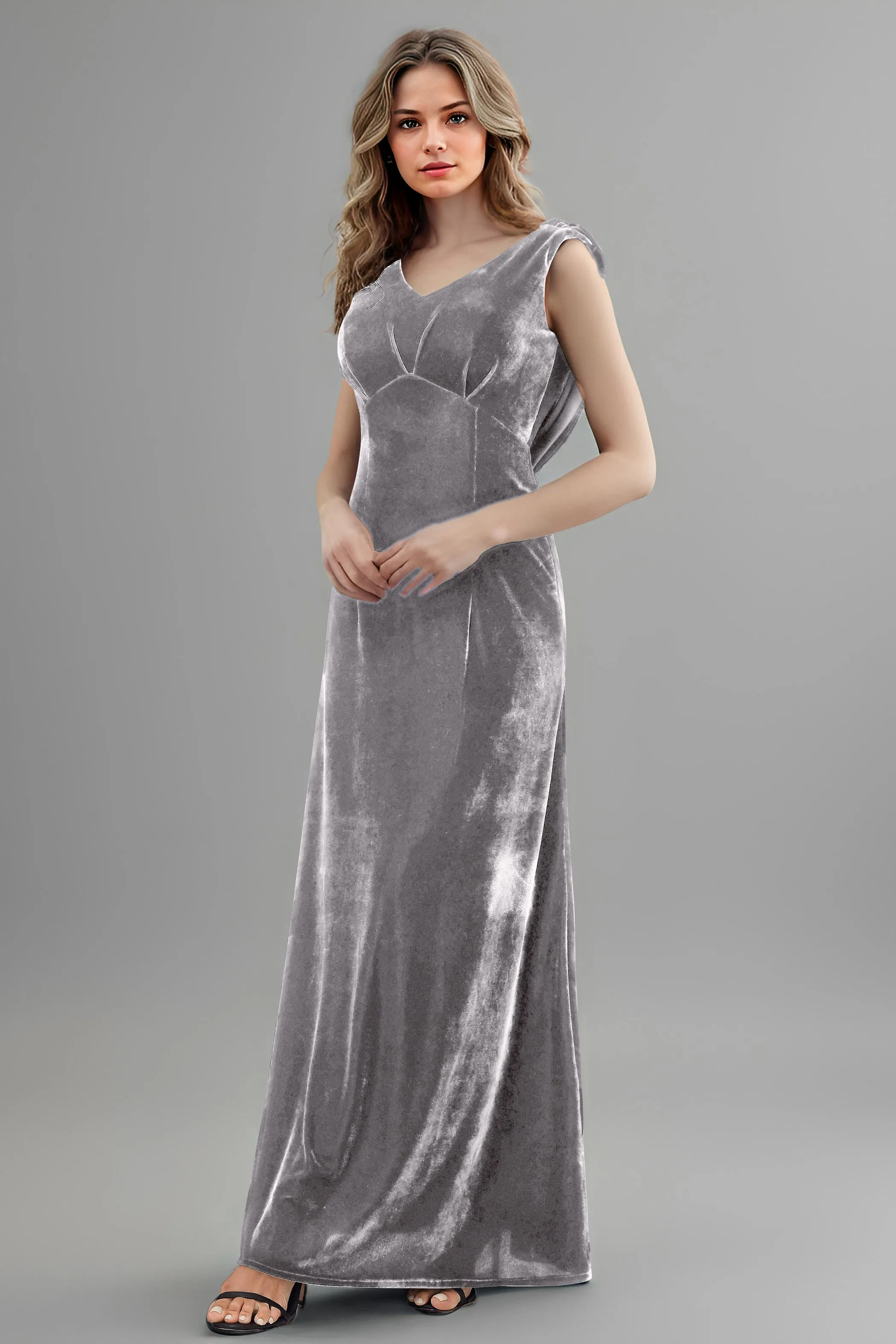 Column High Waist V-Neck Velvet Floor Length Bridesmaid Dresses