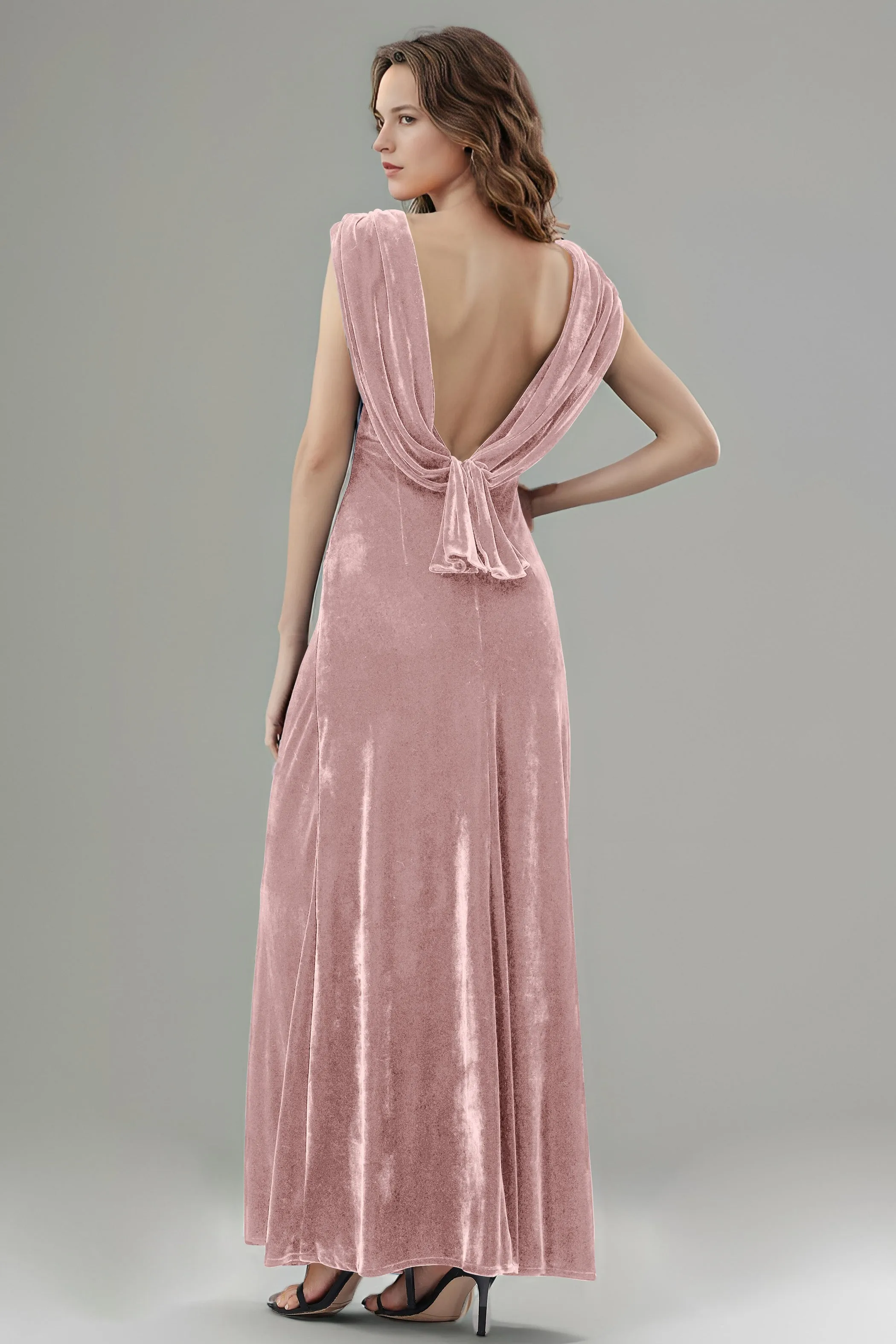 Column High Waist V-Neck Velvet Floor Length Bridesmaid Dresses