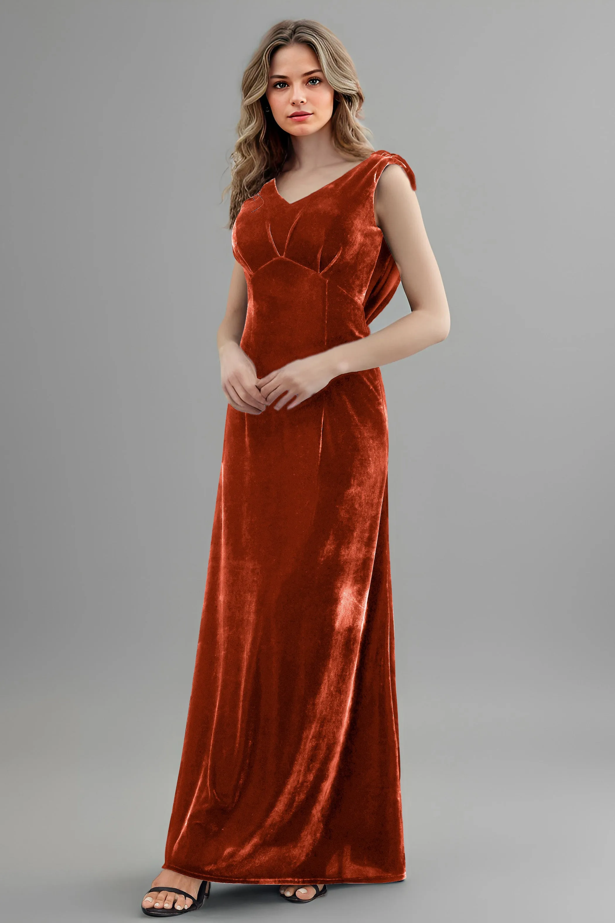 Column High Waist V-Neck Velvet Floor Length Bridesmaid Dresses