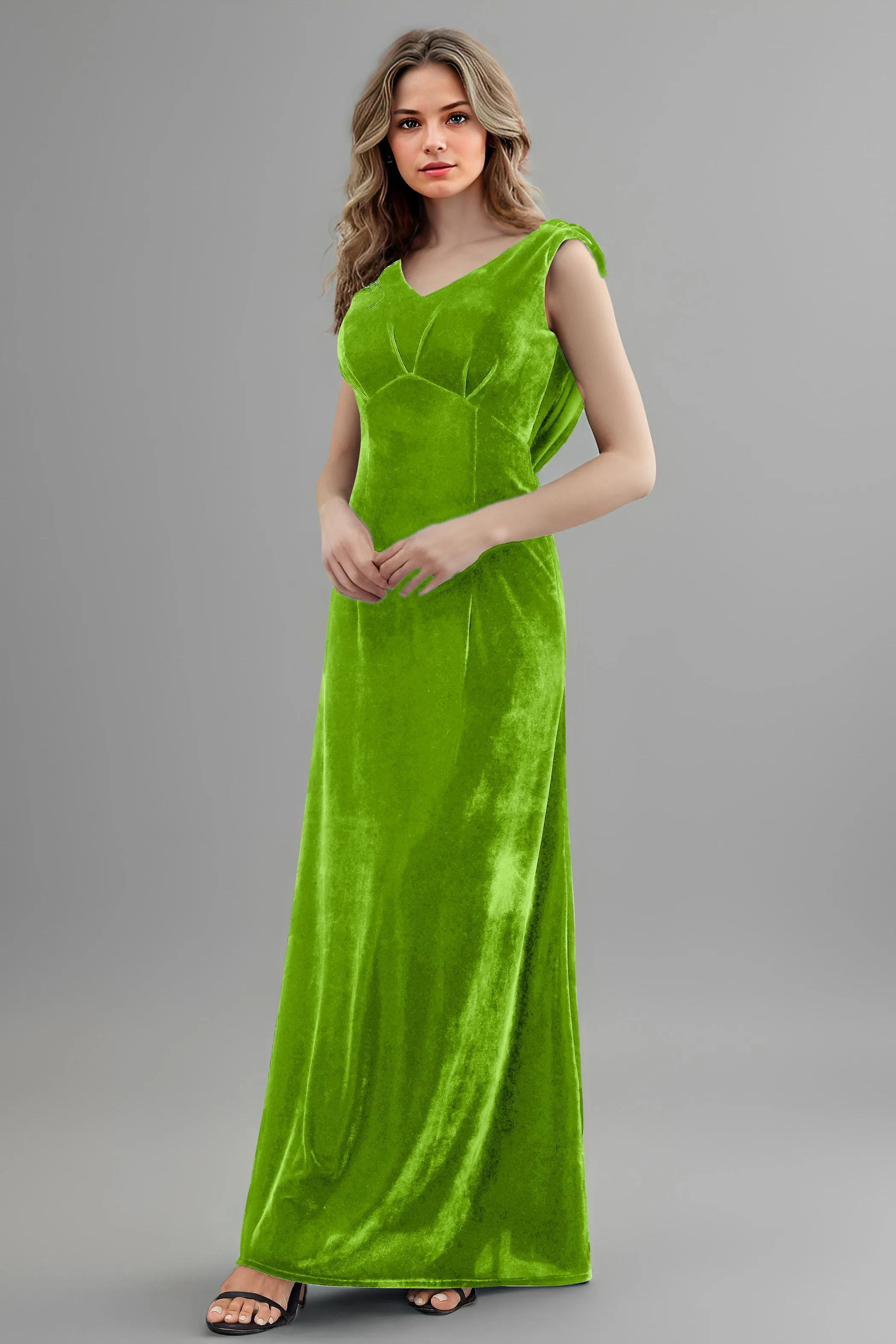 Column High Waist V-Neck Velvet Floor Length Bridesmaid Dresses