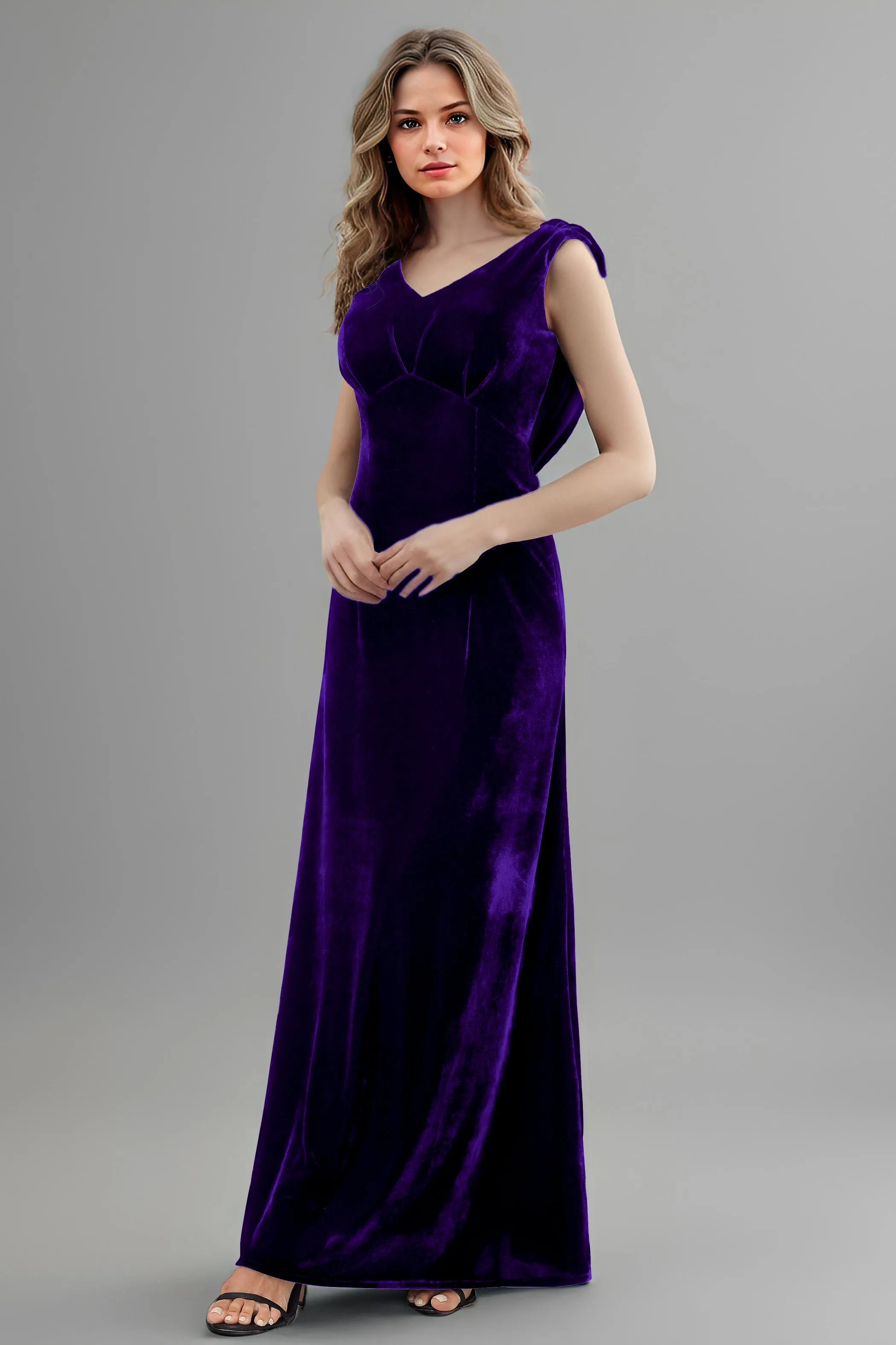 Column High Waist V-Neck Velvet Floor Length Bridesmaid Dresses