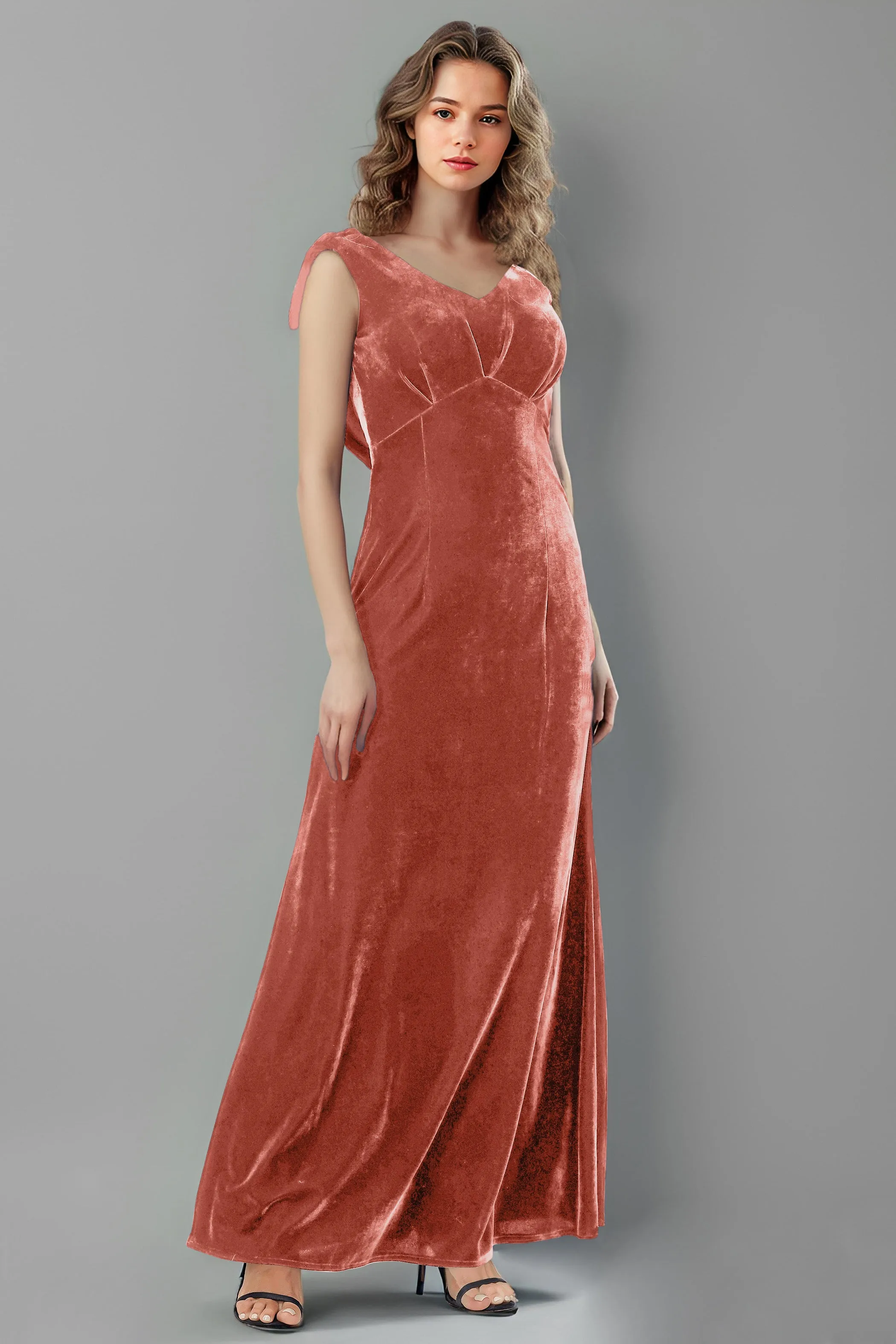 Column High Waist V-Neck Velvet Floor Length Bridesmaid Dresses