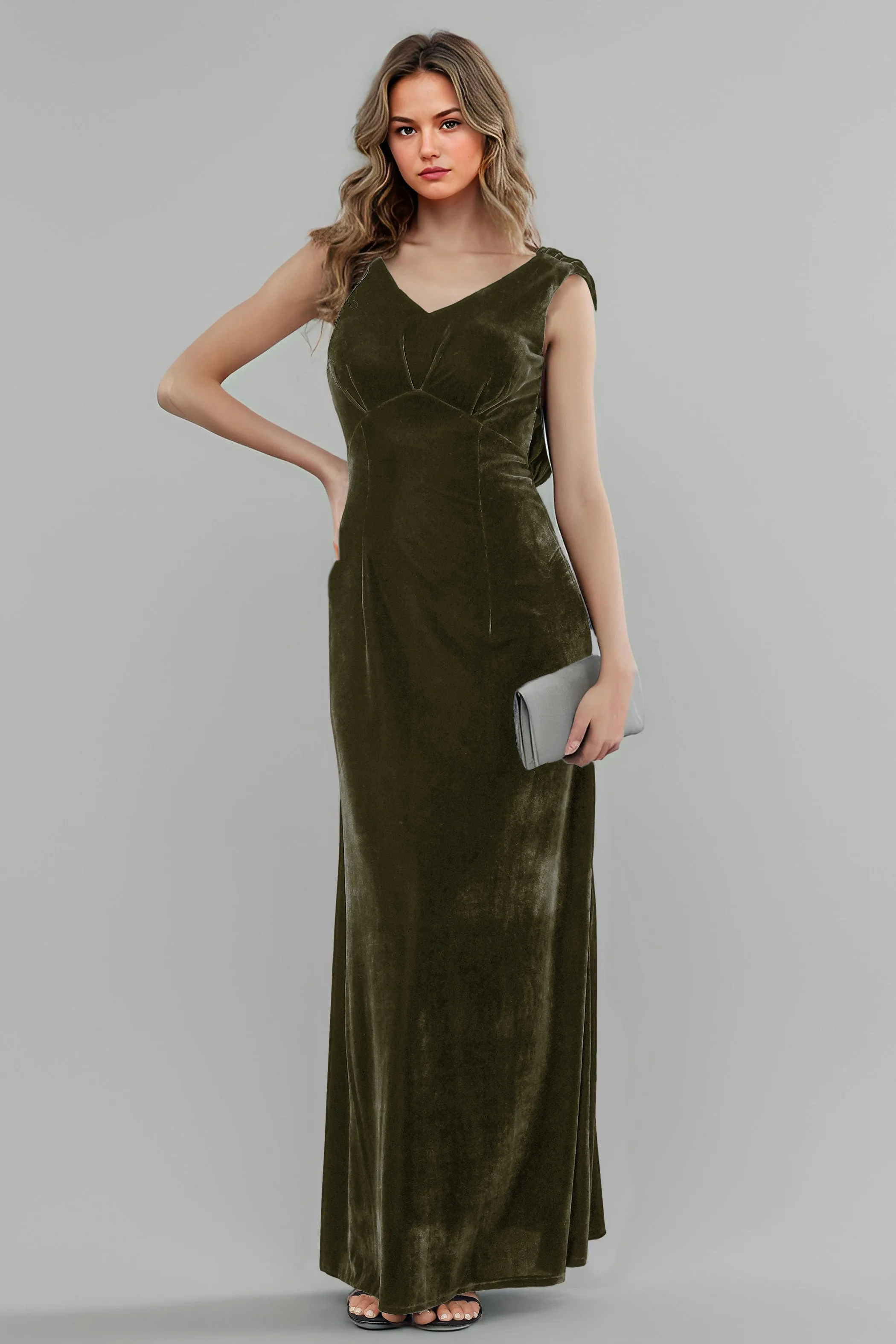 Column High Waist V-Neck Velvet Floor Length Bridesmaid Dresses