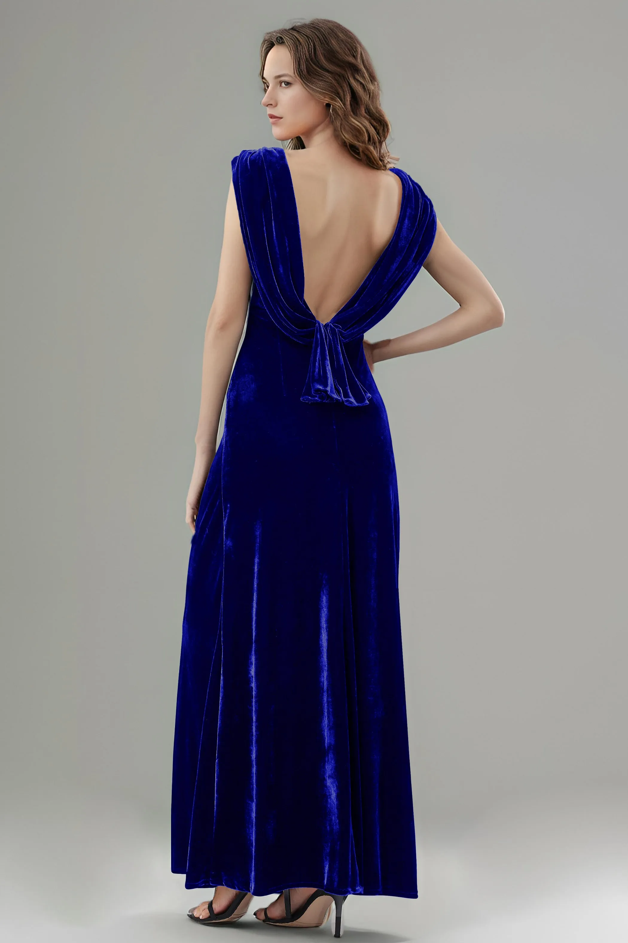 Column High Waist V-Neck Velvet Floor Length Bridesmaid Dresses