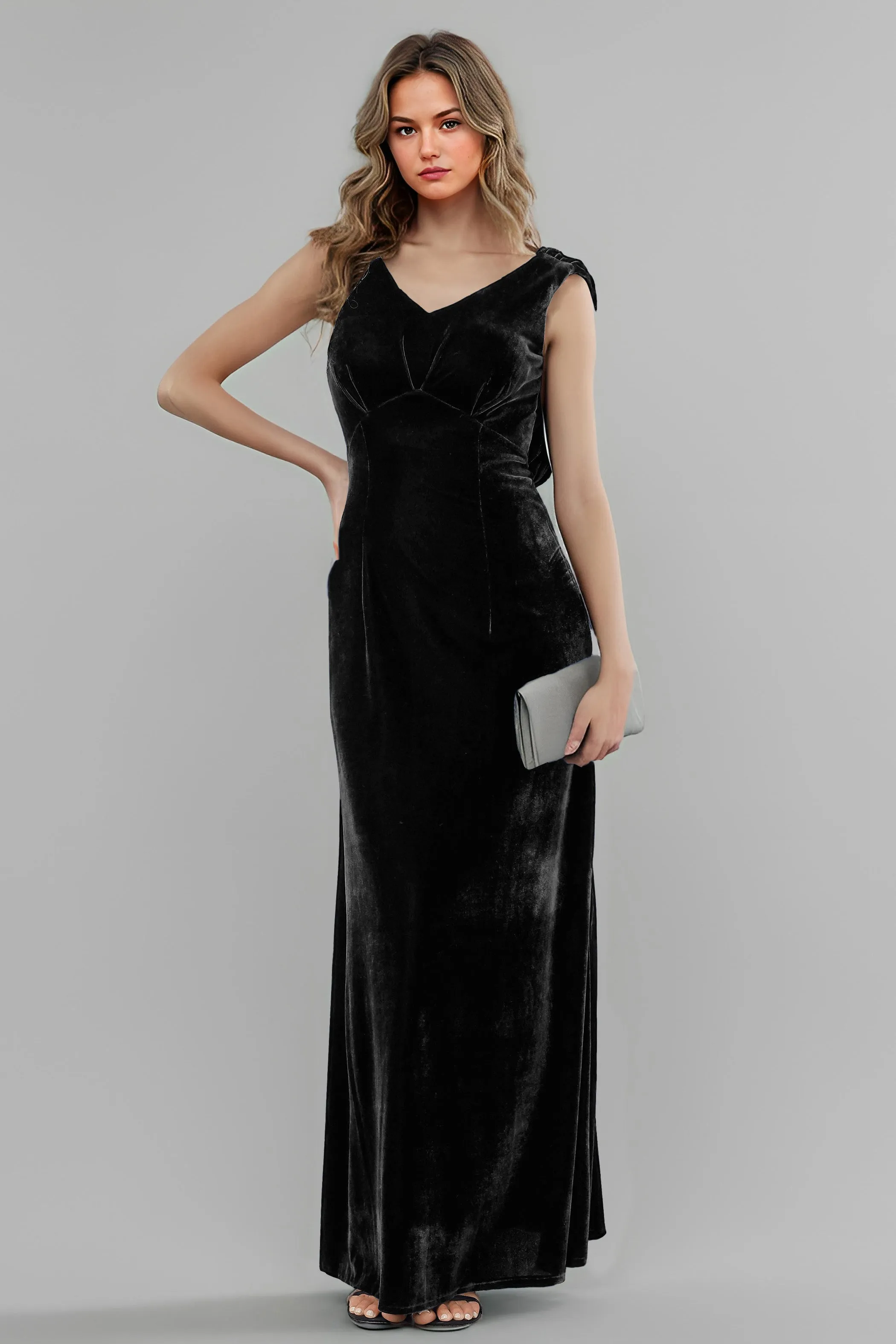 Column High Waist V-Neck Velvet Floor Length Bridesmaid Dresses