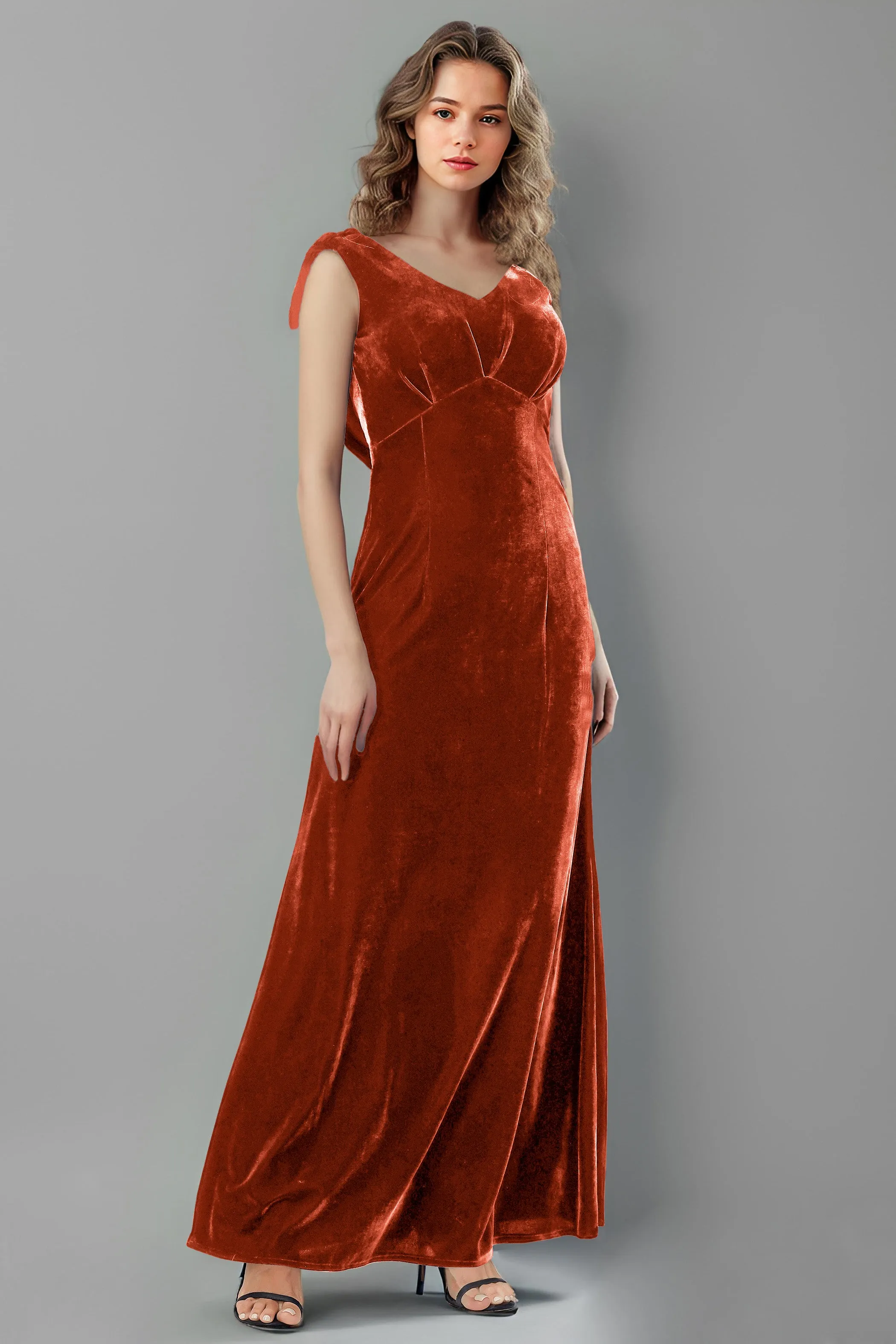 Column High Waist V-Neck Velvet Floor Length Bridesmaid Dresses