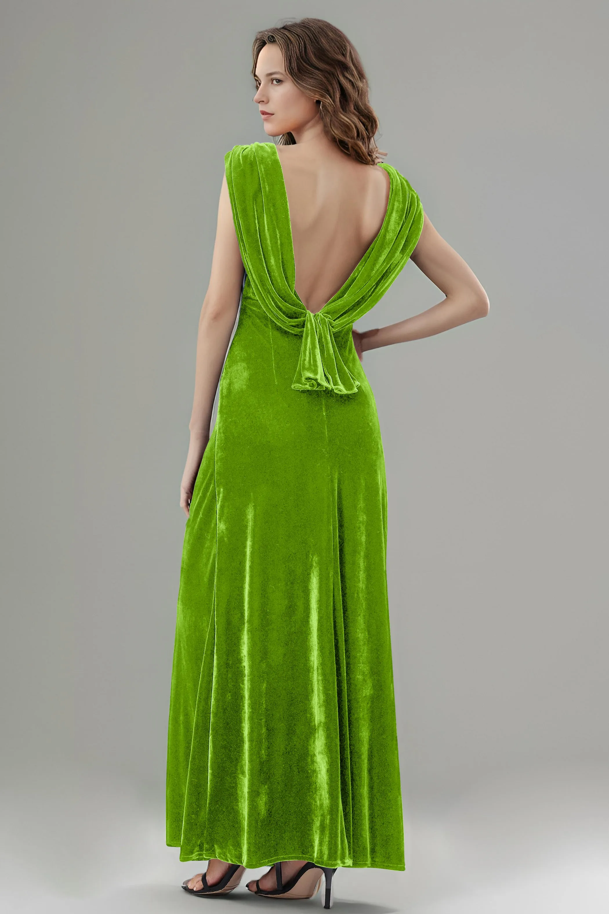 Column High Waist V-Neck Velvet Floor Length Bridesmaid Dresses